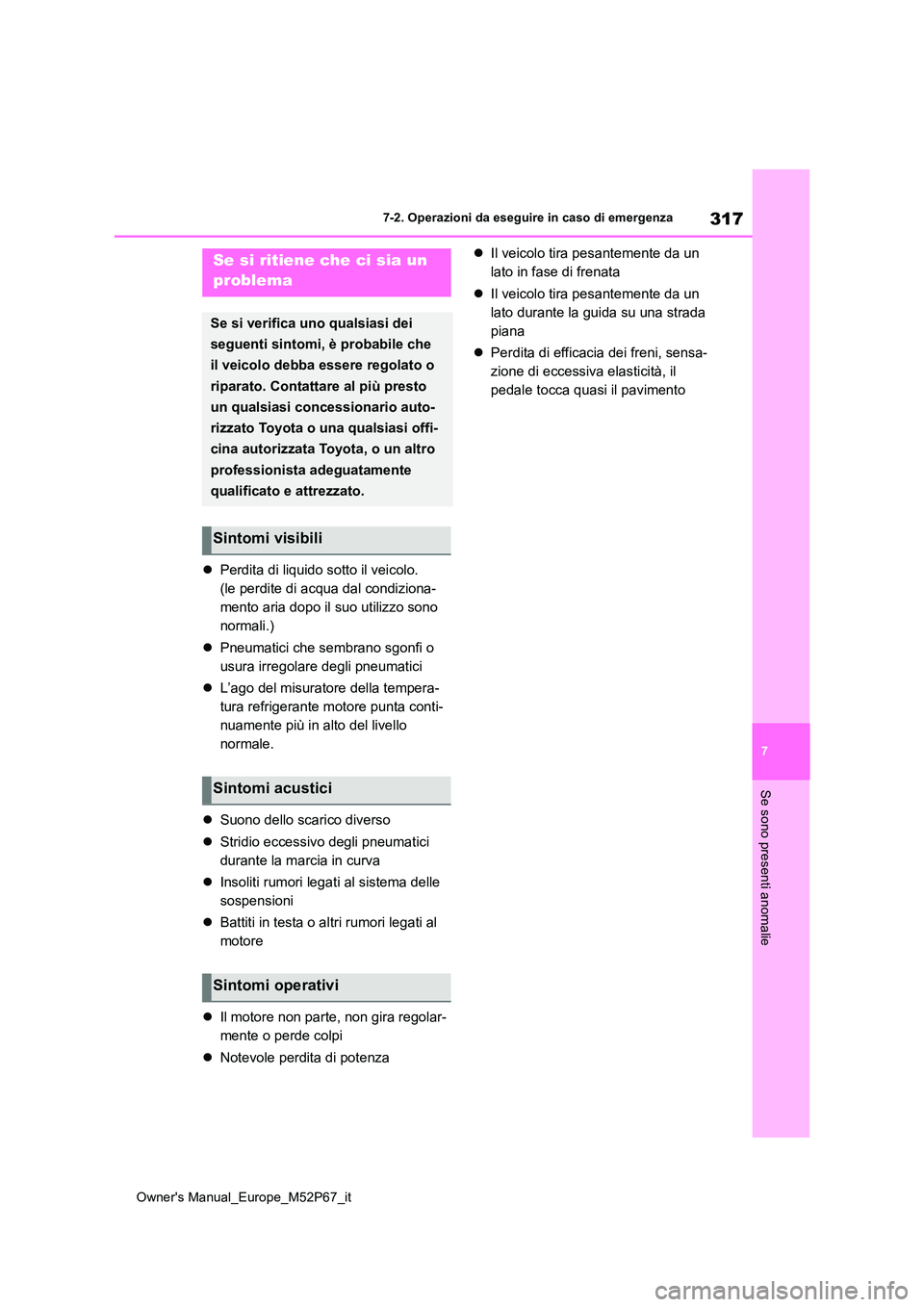 TOYOTA GR YARIS 2022  Manuale duso (in Italian) 317
7
Owner's Manual_Europe_M52P67_it
7-2. Operazioni da eseguire in caso di emergenza
Se sono presenti anomalie
Perdita di liquido sotto il veicolo. 
(le perdite di acqua dal condiziona-
mento