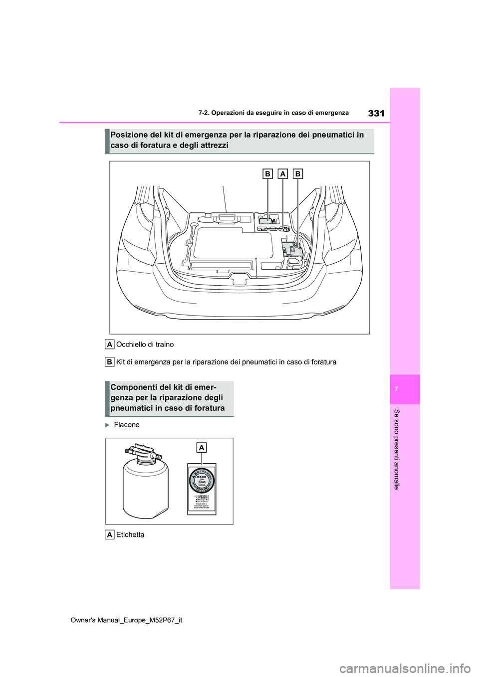 TOYOTA GR YARIS 2022  Manuale duso (in Italian) 331
7
Owner's Manual_Europe_M52P67_it
7-2. Operazioni da eseguire in caso di emergenza
Se sono presenti anomalie
Occhiello di traino 
Kit di emergenza per la riparazione dei pneumatici in caso di 
