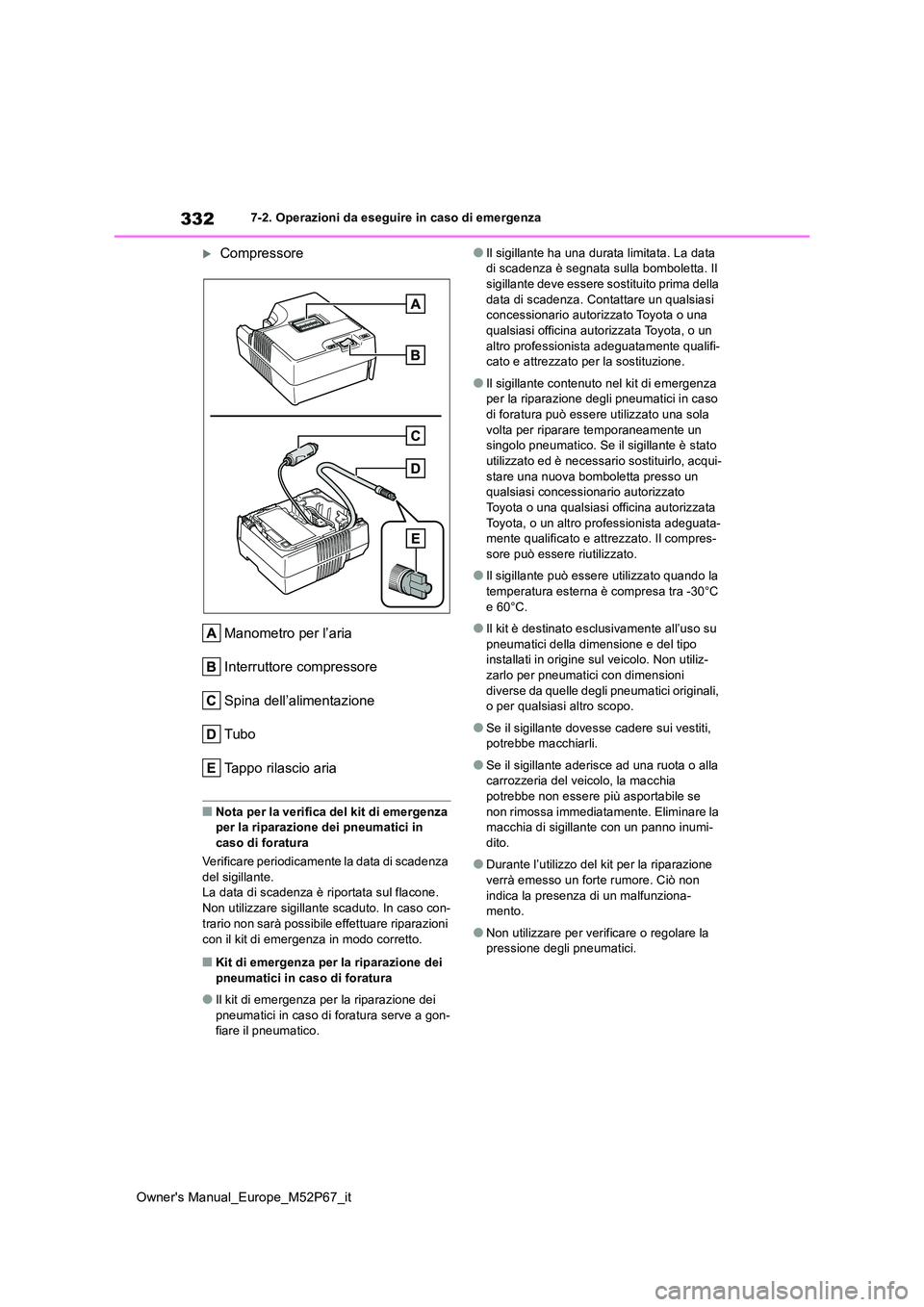 TOYOTA GR YARIS 2022  Manuale duso (in Italian) 332
Owner's Manual_Europe_M52P67_it
7-2. Operazioni da eseguire in caso di emergenza
Compressore 
Manometro per l’aria 
Interruttore compressore
Spina dell’alimentazione
Tubo
Tappo rilascio