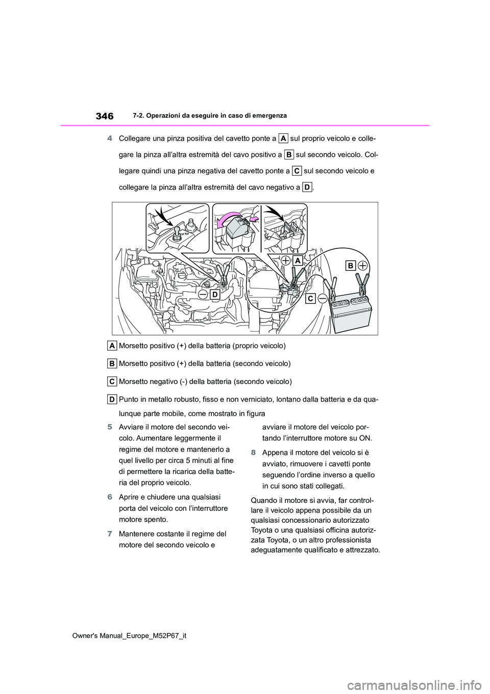 TOYOTA GR YARIS 2022  Manuale duso (in Italian) 346
Owner's Manual_Europe_M52P67_it
7-2. Operazioni da eseguire in caso di emergenza
4Collegare una pinza positiva del cavetto ponte a   sul proprio veicolo e colle- 
gare la pinza all’altra est
