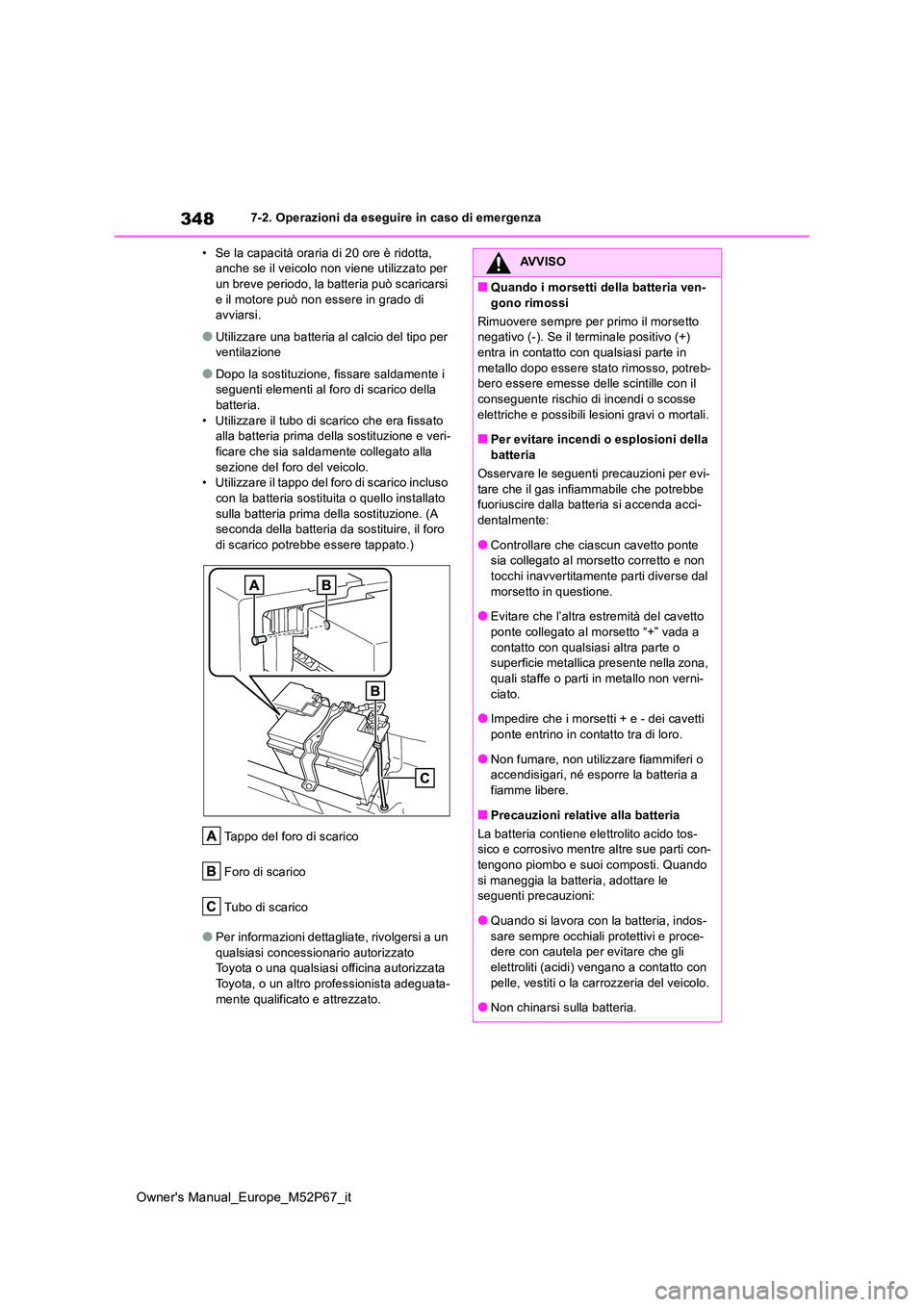 TOYOTA GR YARIS 2022  Manuale duso (in Italian) 348
Owner's Manual_Europe_M52P67_it
7-2. Operazioni da eseguire in caso di emergenza 
• Se la capacità oraria di 20 ore è ridotta,  anche se il veicolo non viene utilizzato per un breve period