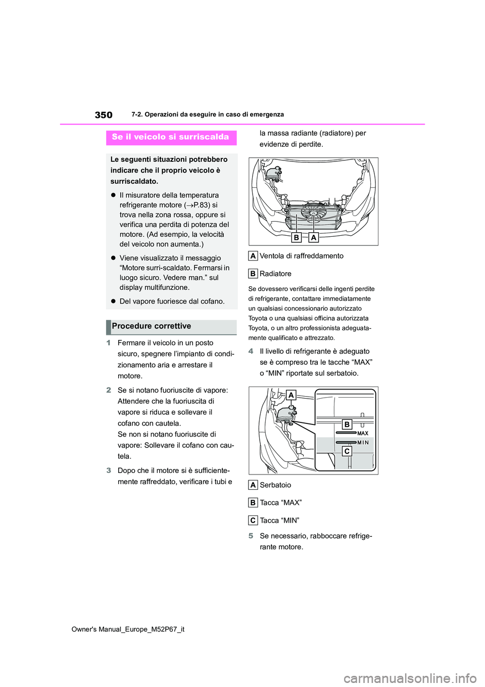TOYOTA GR YARIS 2022  Manuale duso (in Italian) 350
Owner's Manual_Europe_M52P67_it
7-2. Operazioni da eseguire in caso di emergenza
1Fermare il veicolo in un posto  
sicuro, spegnere l’impianto di condi- 
zionamento aria e arrestare il  
mot