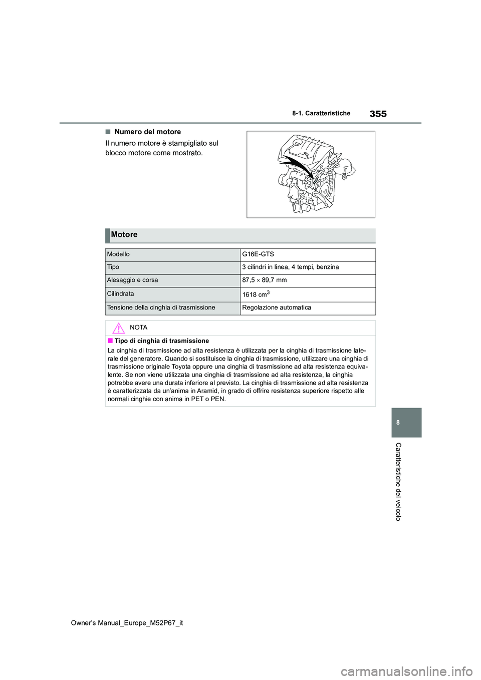 TOYOTA GR YARIS 2022  Manuale duso (in Italian) 355
8
Owner's Manual_Europe_M52P67_it
8-1. Caratteristiche
Caratteristiche del veicolo
■Numero del motore 
Il numero motore è stampigliato sul  
blocco motore come mostrato.
Motore
ModelloG16E-