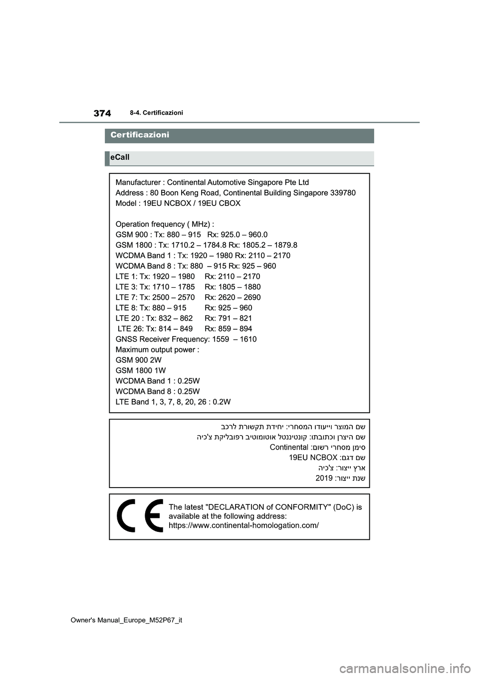 TOYOTA GR YARIS 2022  Manuale duso (in Italian) 374
Owner's Manual_Europe_M52P67_it
8-4. Certificazioni
8-4.Certificaz io niCer tificazioni
eCall 