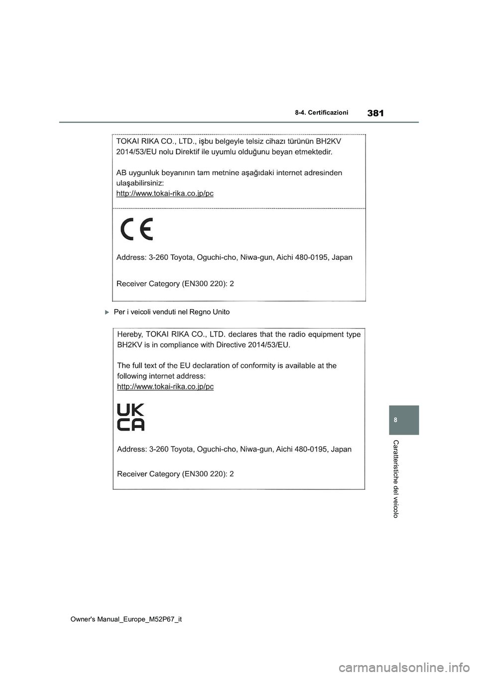 TOYOTA GR YARIS 2022  Manuale duso (in Italian) 381
8
Owner's Manual_Europe_M52P67_it
8-4. Certificazioni
Caratteristiche del veicolo
Per i veicoli venduti nel Regno Unito 