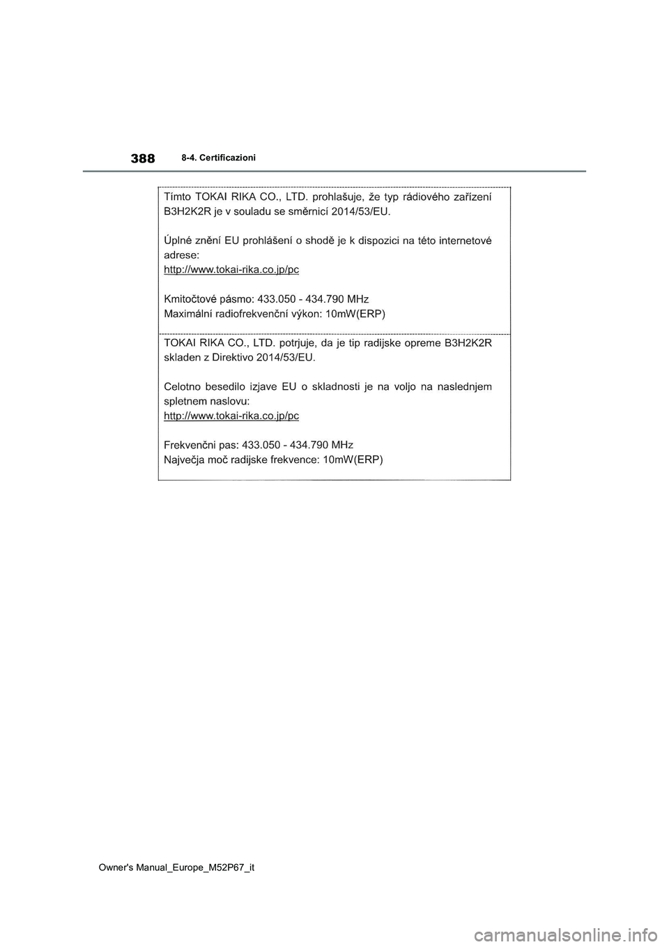 TOYOTA GR YARIS 2022  Manuale duso (in Italian) 388
Owner's Manual_Europe_M52P67_it
8-4. Certificazioni 