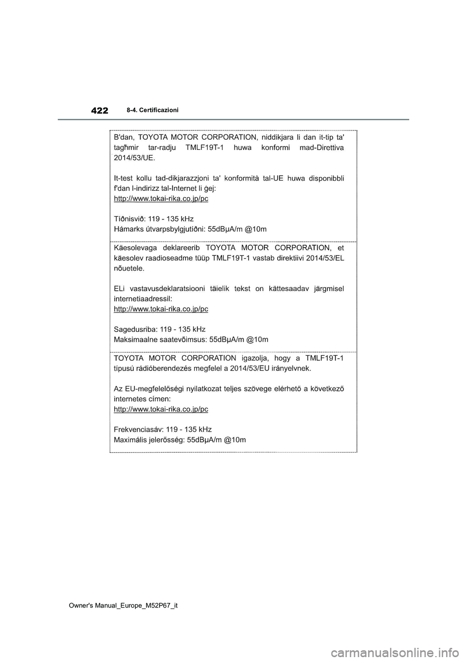 TOYOTA GR YARIS 2022  Manuale duso (in Italian) 422
Owner's Manual_Europe_M52P67_it
8-4. Certificazioni 