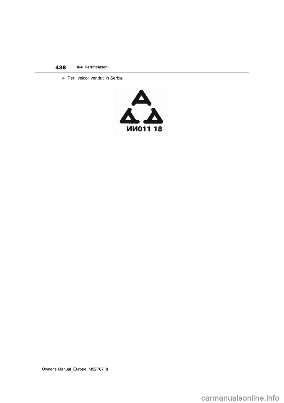 TOYOTA GR YARIS 2022  Manuale duso (in Italian) 438
Owner's Manual_Europe_M52P67_it
8-4. Certificazioni
Per i veicoli venduti in Serbia 