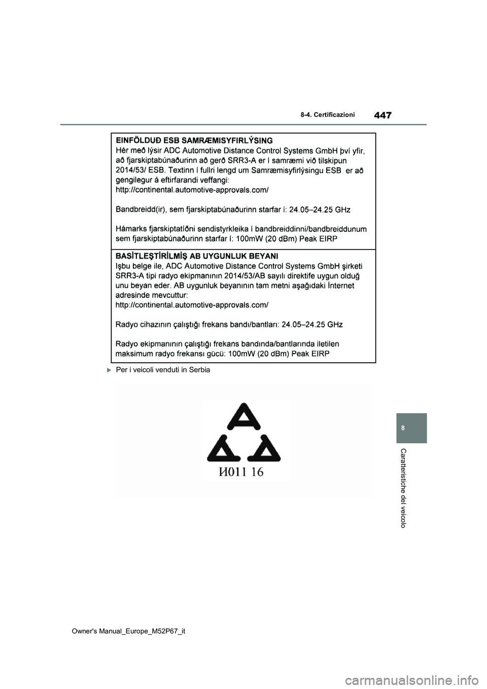 TOYOTA GR YARIS 2022  Manuale duso (in Italian) 447
8
Owner's Manual_Europe_M52P67_it
8-4. Certificazioni
Caratteristiche del veicolo
Per i veicoli venduti in Serbia 