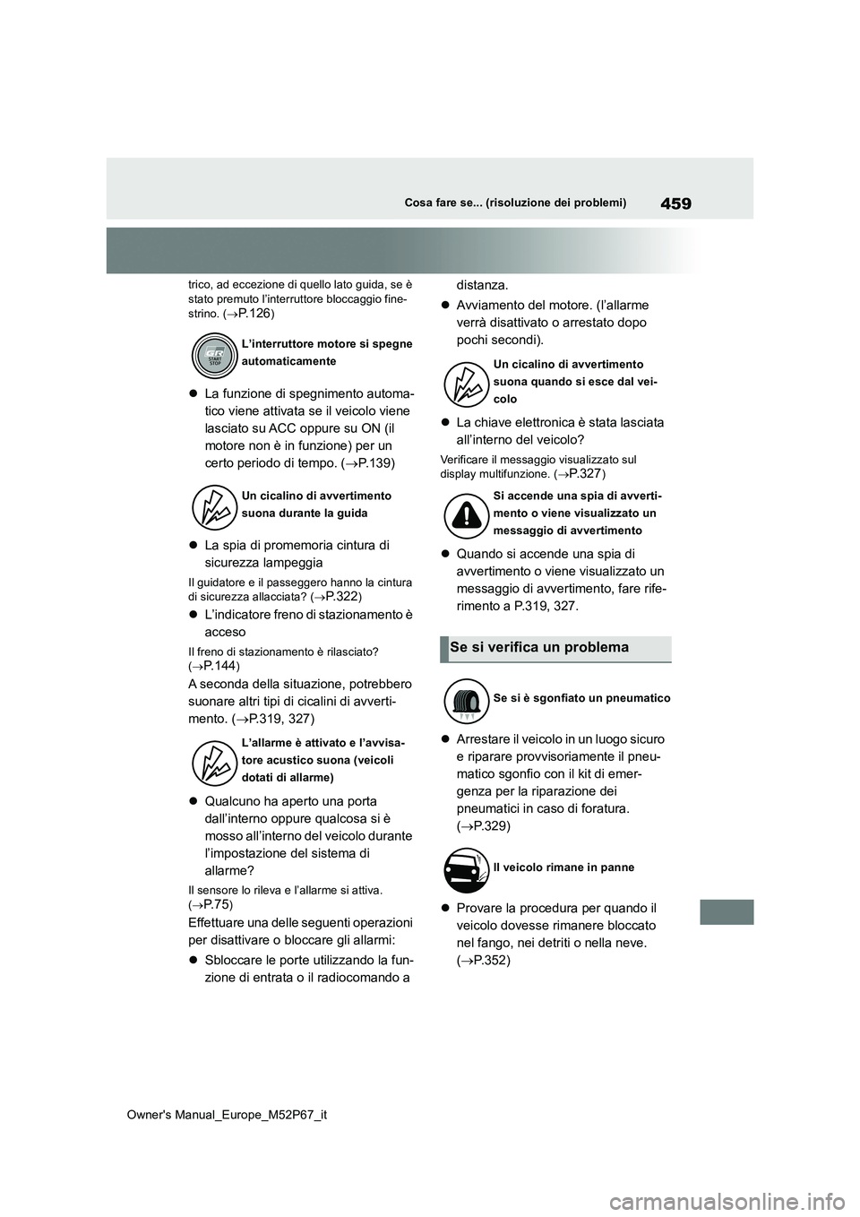 TOYOTA GR YARIS 2022  Manuale duso (in Italian) 459
Owner's Manual_Europe_M52P67_it
Cosa fare se... (risoluzione dei problemi)
trico, ad eccezione di quello lato guida, se è  stato premuto l’interruttore bloccaggio fine- 
strino. ( P. 1 2