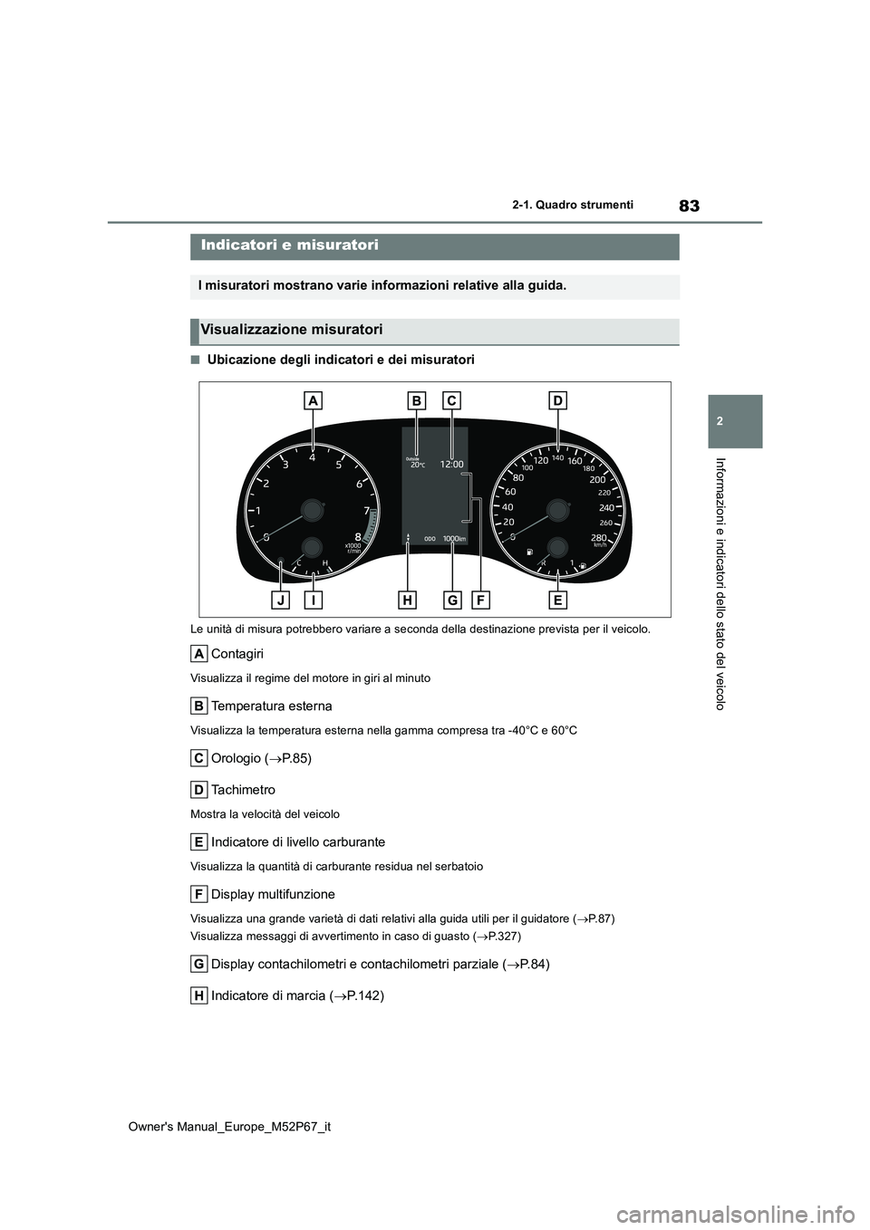 TOYOTA GR YARIS 2022  Manuale duso (in Italian) 83
2
Owner's Manual_Europe_M52P67_it
2-1. Quadro strumenti
Informazioni e indicatori dello stato del veicolo
■Ubicazione degli indicatori e dei misuratori
Le unità di misura potrebbero variare 