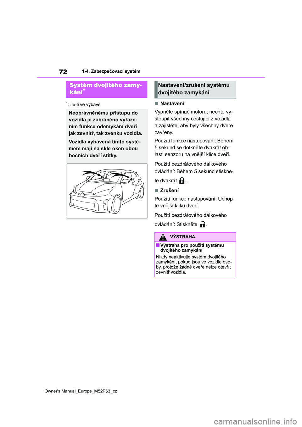 TOYOTA GR YARIS 2023  Návod na použití (in Czech) 72
Owner's Manual_Europe_M52P63_cz
1-4. Zabezpečovací systém
*: Je-li ve výbavě■Nastavení 
Vypněte spínač motoru, nechte vy- 
stoupit všechny cestující z vozidla 
a zajistěte, aby b