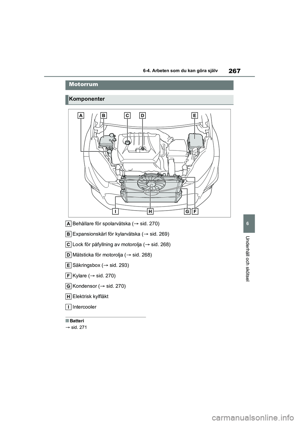 TOYOTA GR YARIS 2021  Bruksanvisningar (in Swedish) 267
6
Yaris OM52L09SE
6-4. Arbeten som du kan göra själv
Underhåll och skötsel
Behållare för spolarvätska (sid. 270)
Expansionskärl för kylarvätska ( sid. 269)
Lock för påfyllning av