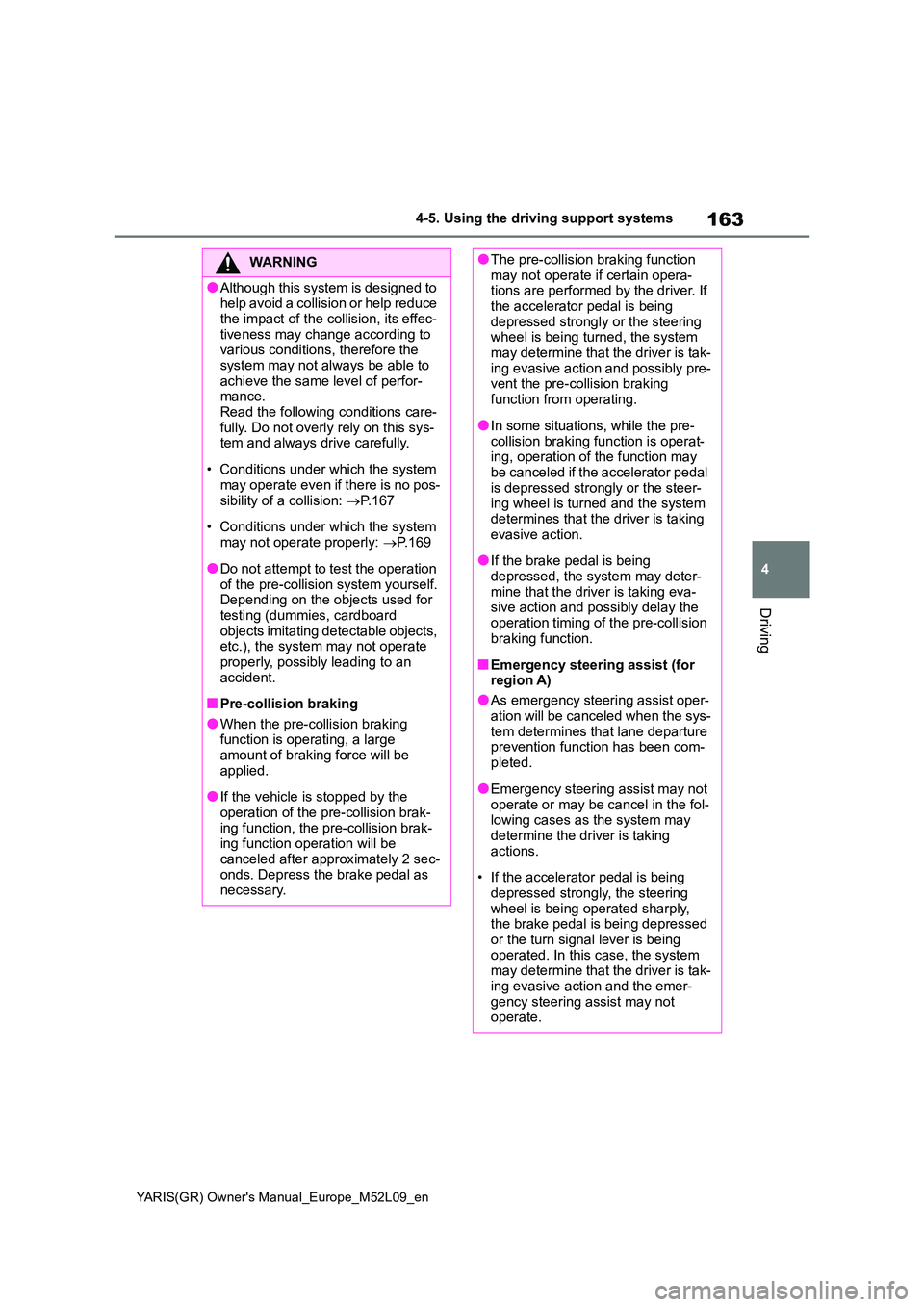 TOYOTA GR YARIS 2020 Owners Manual 163
4
YARIS(GR) Owners Manual_Europe_M52L09_en
4-5. Using the driving support systems
Driving
WARNING
●Although this system is designed to help avoid a collision or help reduce
the impact of the TOYOTA GR YARIS 2020 Owners Manual 163
4
YARIS(GR) Owners Manual_Europe_M52L09_en
4-5. Using the driving support systems
Driving
WARNING
●Although this system is designed to help avoid a collision or help reduce
the impact of the