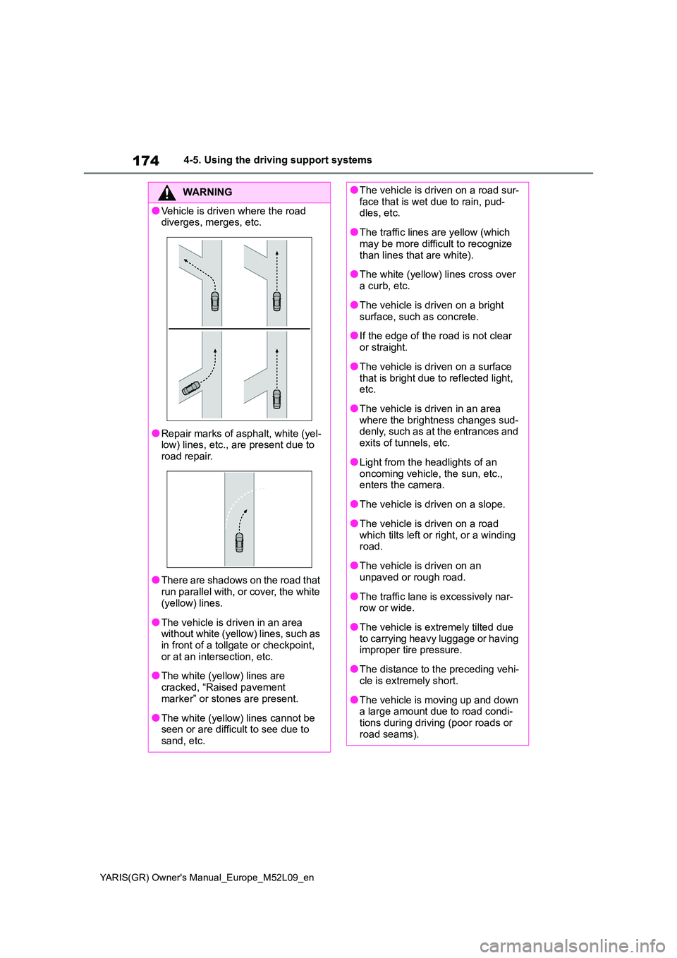 TOYOTA GR YARIS 2020 Owners Manual 174
YARIS(GR) Owners Manual_Europe_M52L09_en
4-5. Using the driving support systems
WARNING
●Vehicle is driven where the road diverges, merges, etc.
●Repair marks of asphalt, white (yel-low) lin TOYOTA GR YARIS 2020 Owners Manual 174
YARIS(GR) Owners Manual_Europe_M52L09_en
4-5. Using the driving support systems
WARNING
●Vehicle is driven where the road diverges, merges, etc.
●Repair marks of asphalt, white (yel-low) lin