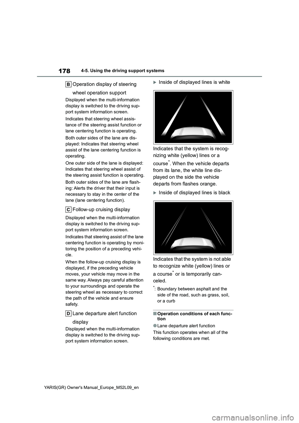 TOYOTA GR YARIS 2020 Owners Manual 178
YARIS(GR) Owners Manual_Europe_M52L09_en
4-5. Using the driving support systems
Operation display of steering
wheel operation support
Displayed when the multi-information
display is switched to TOYOTA GR YARIS 2020 Owners Manual 178
YARIS(GR) Owners Manual_Europe_M52L09_en
4-5. Using the driving support systems
Operation display of steering
wheel operation support
Displayed when the multi-information
display is switched to