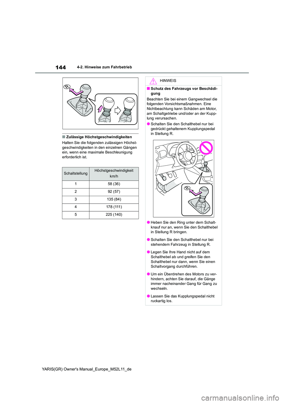 TOYOTA GR YARIS 2021 Betriebsanleitungen (in German) 144
YARIS(GR) Owners Manual_Europe_M52L11_de
4-2. Hinweise zum Fahrbetrieb
■Zulässige Höchstgeschwindigkeiten
Halten Sie die folgenden zulässigen Höchst- geschwindigkeiten in den einzelnen Gä TOYOTA GR YARIS 2021 Betriebsanleitungen (in German) 144
YARIS(GR) Owners Manual_Europe_M52L11_de
4-2. Hinweise zum Fahrbetrieb
■Zulässige Höchstgeschwindigkeiten
Halten Sie die folgenden zulässigen Höchst- geschwindigkeiten in den einzelnen Gä