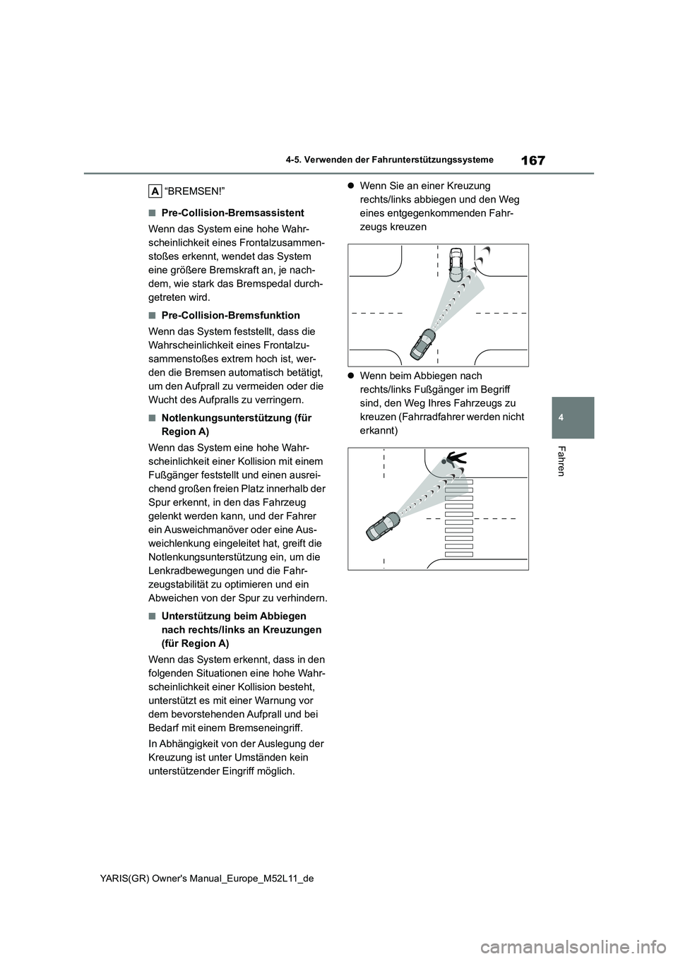 TOYOTA GR YARIS 2021 Betriebsanleitungen (in German) 167
4
YARIS(GR) Owners Manual_Europe_M52L11_de
4-5. Verwenden der Fahrunterstützungssysteme
Fahren
“BREMSEN!”
■Pre-Collision-Bremsassistent
Wenn das System eine hohe Wahr-
scheinlichkeit ein TOYOTA GR YARIS 2021 Betriebsanleitungen (in German) 167
4
YARIS(GR) Owners Manual_Europe_M52L11_de
4-5. Verwenden der Fahrunterstützungssysteme
Fahren
“BREMSEN!”
■Pre-Collision-Bremsassistent
Wenn das System eine hohe Wahr-
scheinlichkeit ein