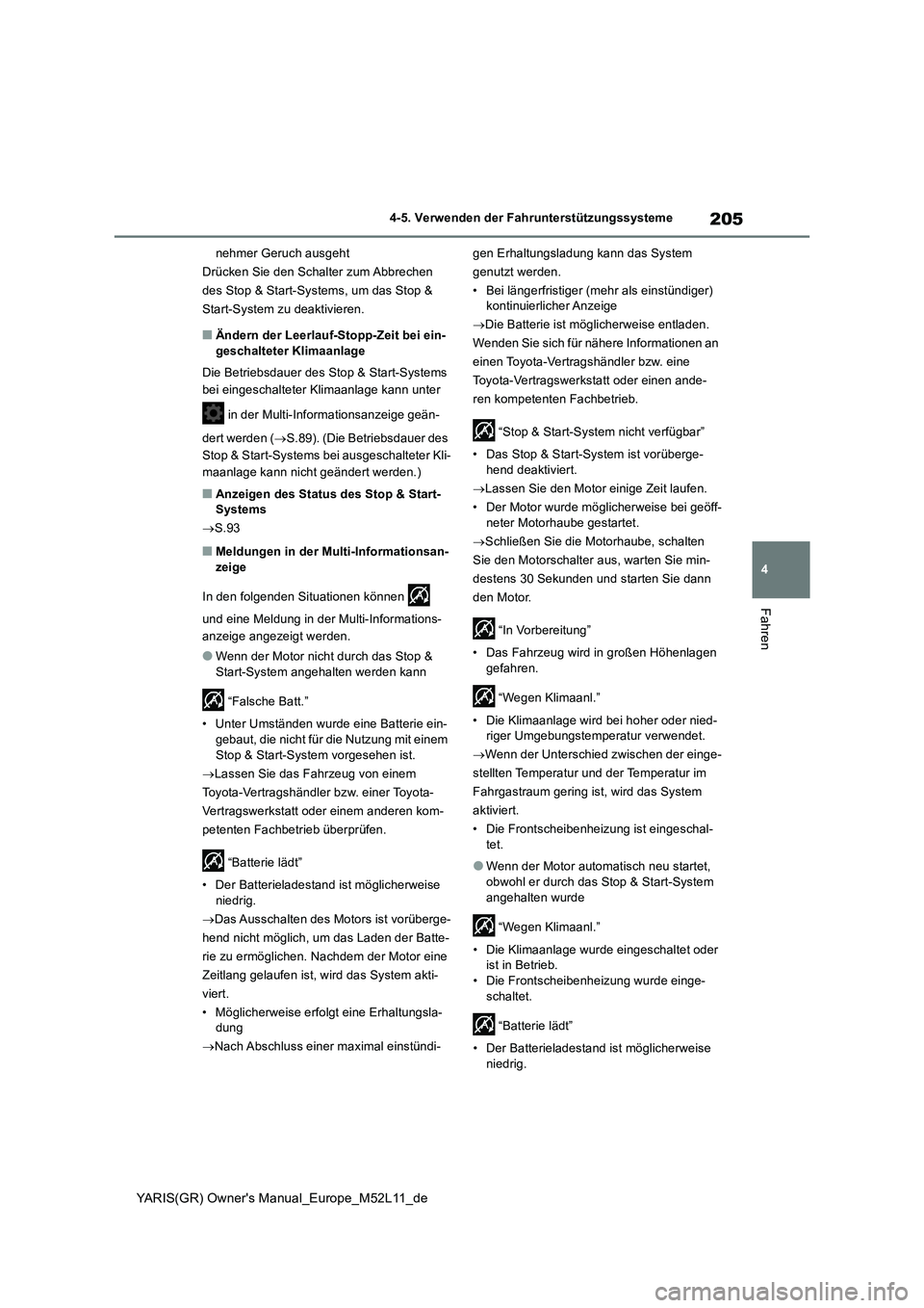 TOYOTA GR YARIS 2021  Betriebsanleitungen (in German) 205
4
YARIS(GR) Owner's Manual_Europe_M52L11_de
4-5. Verwenden der Fahrunterstützungssysteme
Fahren
nehmer Geruch ausgeht
Drücken Sie den Schalter zum Abbrechen 
des Stop & Start-Systems, um das