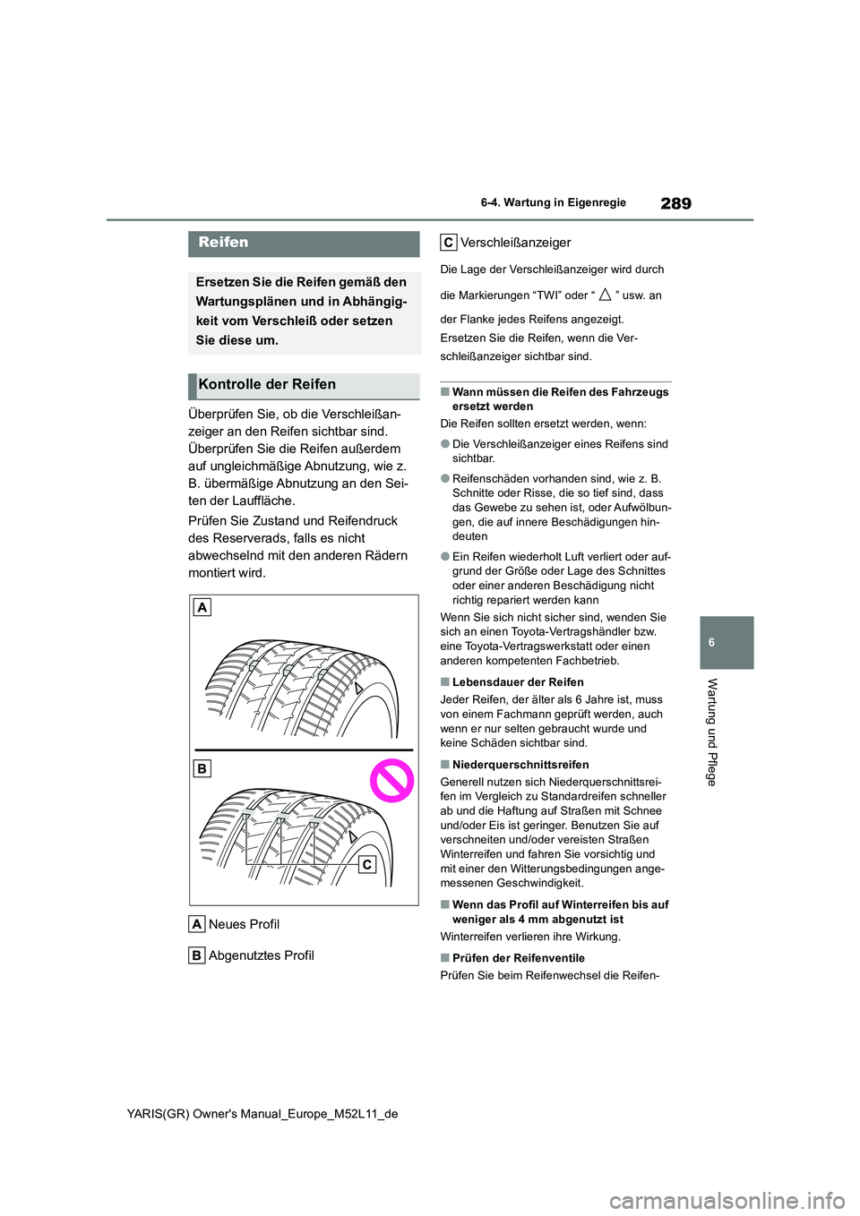 TOYOTA GR YARIS 2021 Betriebsanleitungen (in German) 289
6
YARIS(GR) Owners Manual_Europe_M52L11_de
6-4. Wartung in Eigenregie
Wartung und Pflege
Überprüfen Sie, ob die Verschleißan-
zeiger an den Reifen sichtbar sind.
Überprüfen Sie die Reifen TOYOTA GR YARIS 2021 Betriebsanleitungen (in German) 289
6
YARIS(GR) Owners Manual_Europe_M52L11_de
6-4. Wartung in Eigenregie
Wartung und Pflege
Überprüfen Sie, ob die Verschleißan-
zeiger an den Reifen sichtbar sind.
Überprüfen Sie die Reifen