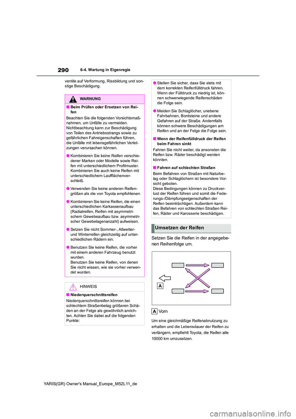 TOYOTA GR YARIS 2021 Betriebsanleitungen (in German) 290
YARIS(GR) Owners Manual_Europe_M52L11_de
6-4. Wartung in Eigenregie
ventile auf Verformung, Rissbildung und son- stige Beschädigung.
Setzen Sie die Reifen in der angegebe-
nen Reihenfolge um. TOYOTA GR YARIS 2021 Betriebsanleitungen (in German) 290
YARIS(GR) Owners Manual_Europe_M52L11_de
6-4. Wartung in Eigenregie
ventile auf Verformung, Rissbildung und son- stige Beschädigung.
Setzen Sie die Reifen in der angegebe-
nen Reihenfolge um.