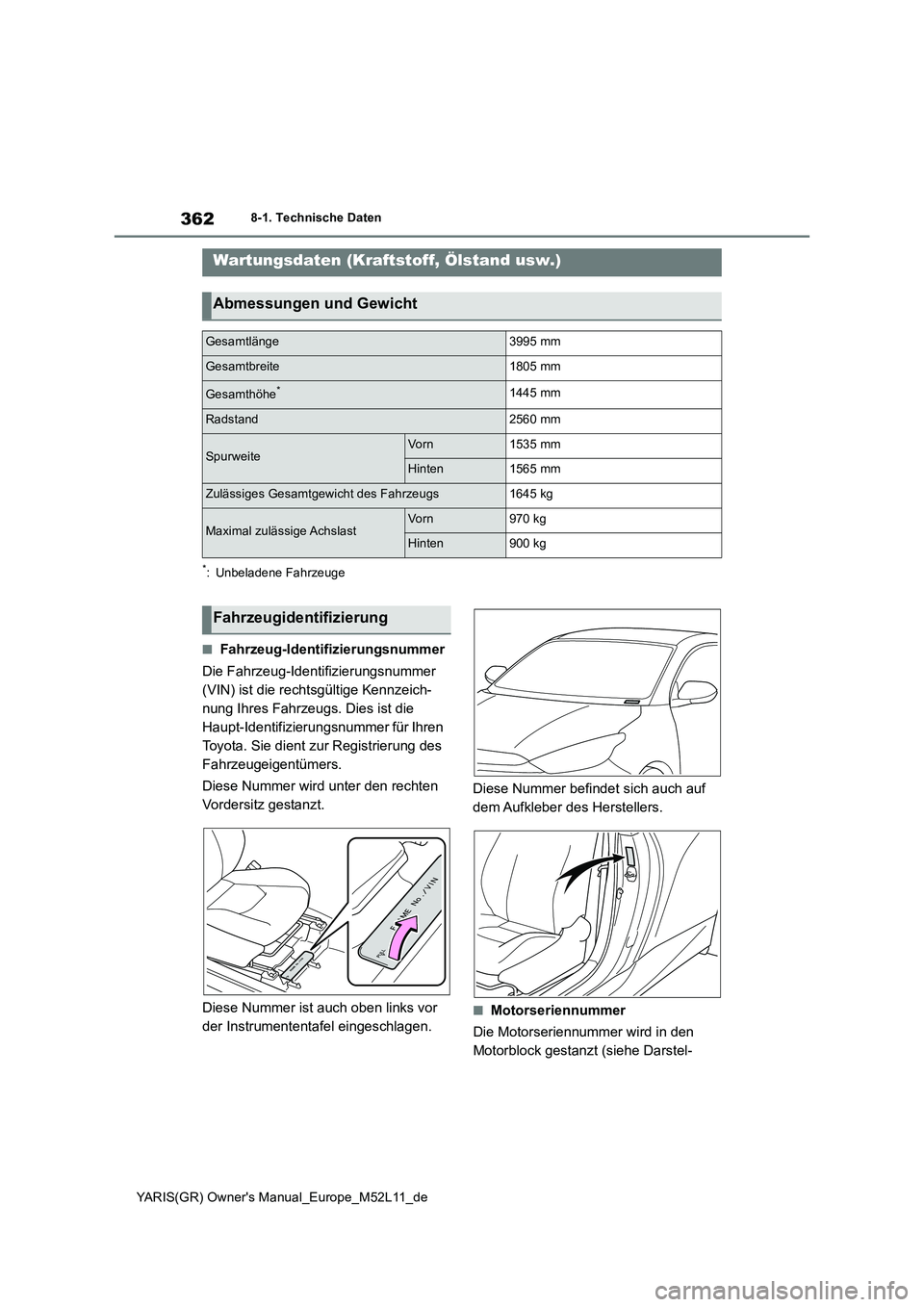 TOYOTA GR YARIS 2021  Betriebsanleitungen (in German) 362
YARIS(GR) Owners Manual_Europe_M52L11_de
8-1. Technische Daten
8-1.Techn is che Daten
*: Unbeladene Fahrzeuge
■Fahrzeug-Identifizierungsnummer 
Die Fahrzeug-Identifizierungsnummer  
(VIN) ist d