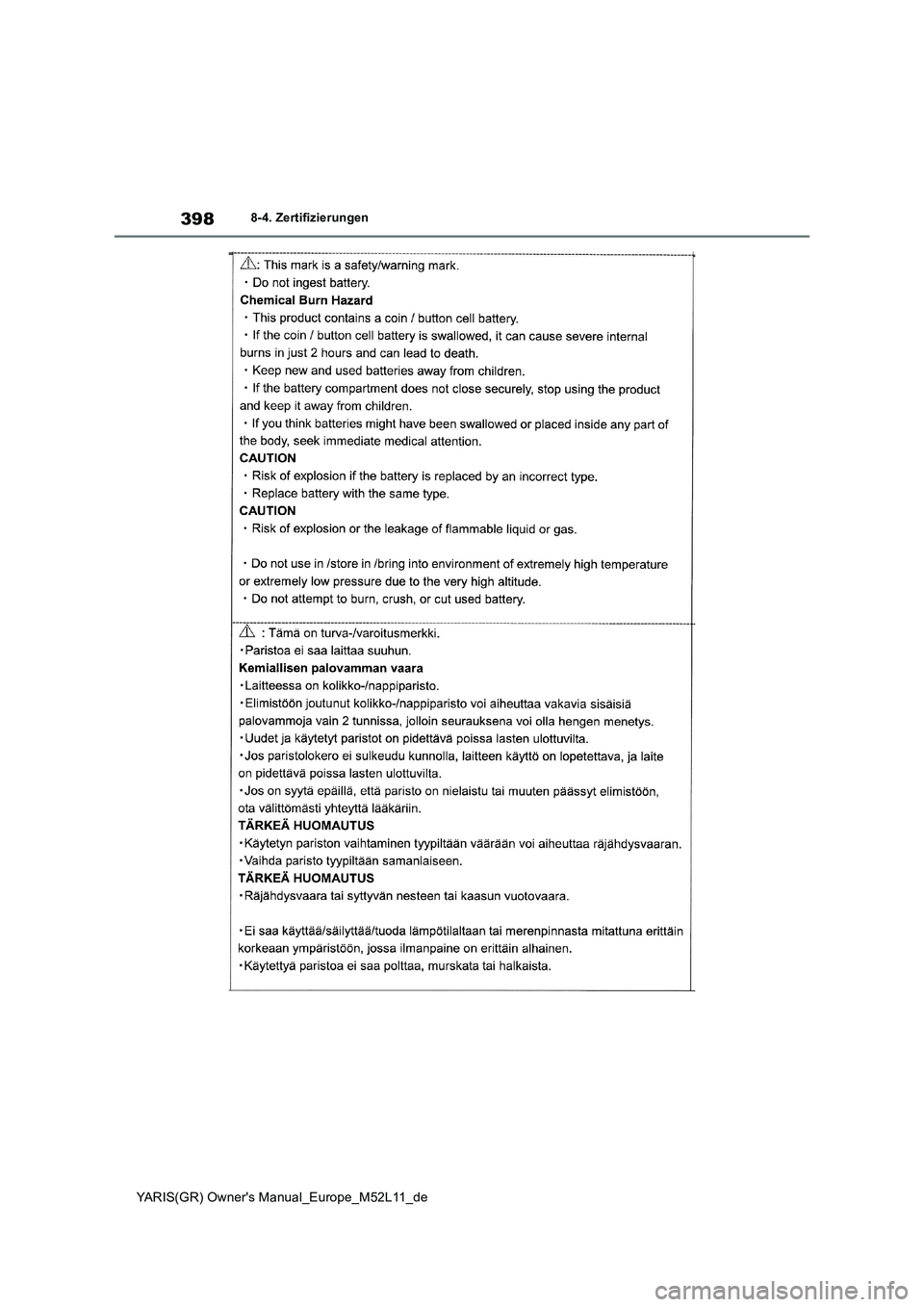 TOYOTA GR YARIS 2021  Betriebsanleitungen (in German) 398
YARIS(GR) Owners Manual_Europe_M52L11_de
8-4. Zertifizierungen 