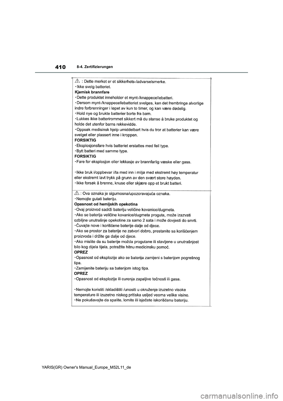 TOYOTA GR YARIS 2021  Betriebsanleitungen (in German) 410
YARIS(GR) Owners Manual_Europe_M52L11_de
8-4. Zertifizierungen 