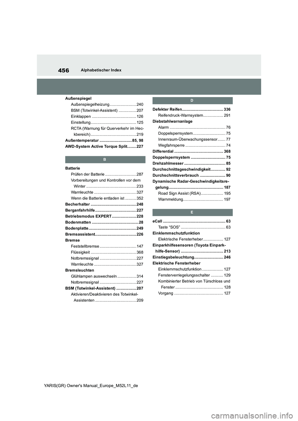 TOYOTA GR YARIS 2021  Betriebsanleitungen (in German) 456
YARIS(GR) Owners Manual_Europe_M52L11_de
Alphabetischer Index 
Außenspiegel 
Außenspiegelheizung ........................ 240
BSM (Totwinkel-Assistent) ................ 207
Einklappen .........