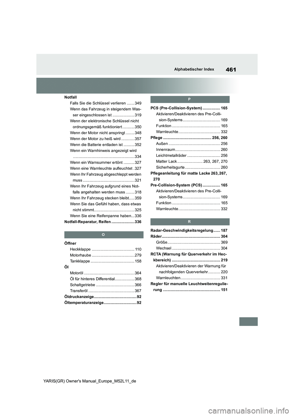 TOYOTA GR YARIS 2021  Betriebsanleitungen (in German) 461
YARIS(GR) Owners Manual_Europe_M52L11_de
Alphabetischer Index
Notfall 
Falls Sie die Schlüssel verlieren ....... 349
Wenn das Fahrzeug in steigendem Was-
ser eingeschlossen ist .................