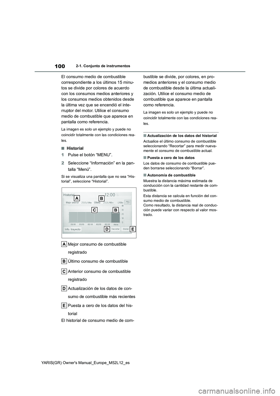 TOYOTA GR YARIS 2020 Manual del propietario (in Spanish) 100
YARIS(GR) Owners Manual_Europe_M52L12_es
2-1. Conjunto de instrumentos
El consumo medio de combustible
correspondiente a los últimos 15 minu-
tos se divide por colores de acuerdo
con los cons TOYOTA GR YARIS 2020 Manual del propietario (in Spanish) 100
YARIS(GR) Owners Manual_Europe_M52L12_es
2-1. Conjunto de instrumentos
El consumo medio de combustible
correspondiente a los últimos 15 minu-
tos se divide por colores de acuerdo
con los cons
