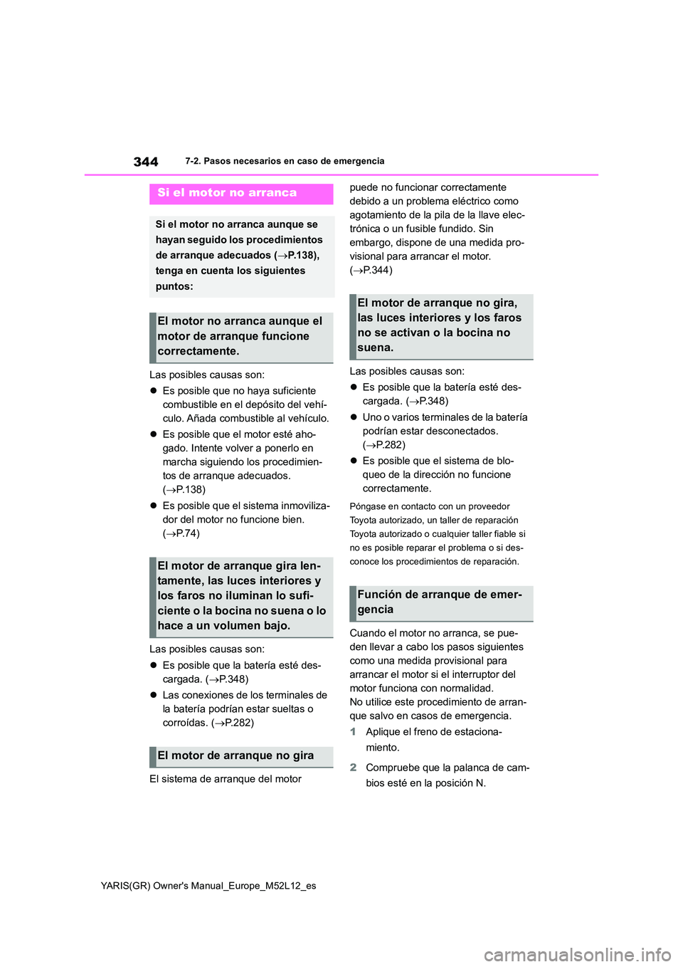 TOYOTA GR YARIS 2020 Manual del propietario (in Spanish) 344
YARIS(GR) Owners Manual_Europe_M52L12_es
7-2. Pasos necesarios en caso de emergencia
Las posibles causas son:
Es posible que no haya suficiente
combustible en el depósito del vehí-
culo. TOYOTA GR YARIS 2020 Manual del propietario (in Spanish) 344
YARIS(GR) Owners Manual_Europe_M52L12_es
7-2. Pasos necesarios en caso de emergencia
Las posibles causas son:
Es posible que no haya suficiente
combustible en el depósito del vehí-
culo.