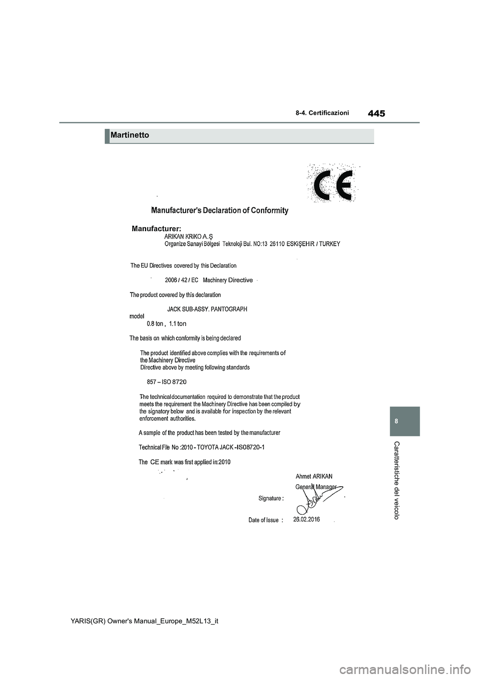 TOYOTA GR YARIS 2021  Manuale duso (in Italian) 445
8
YARIS(GR) Owners Manual_Europe_M52L13_it
8-4. Certificazioni
Caratteristiche del veicolo
Martinetto 