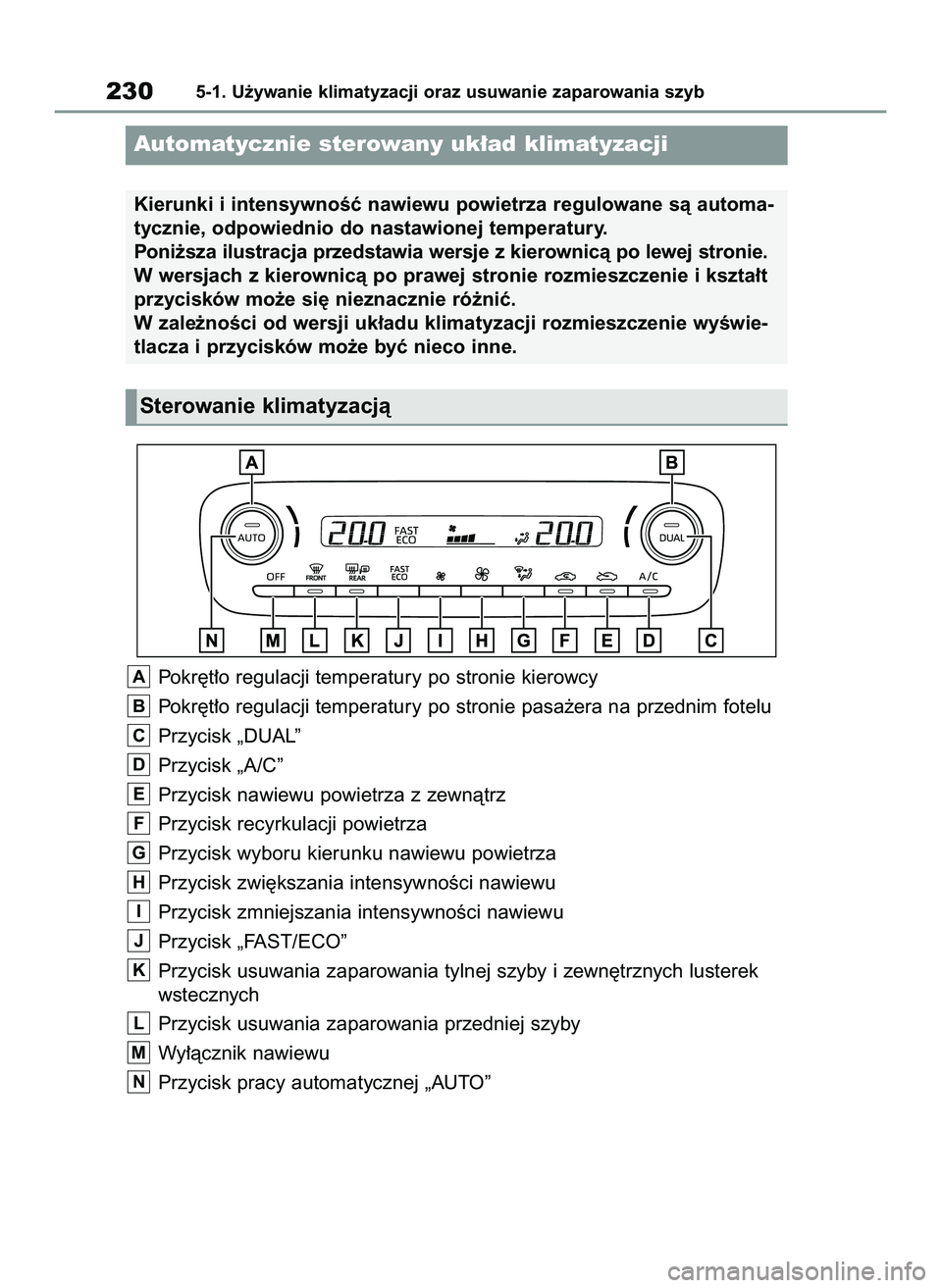 TOYOTA GR YARIS 2021  Instrukcja obsługi (in Polish) Pokr´t∏o regulacji temperatury po stronie kierowcy
Pokr´t∏o regulacji temperatury po stronie pasa˝era na przednim fotelu
Przycisk „DUAL”
Przycisk „A/C”
Przycisk nawiewu powietrza z zewn