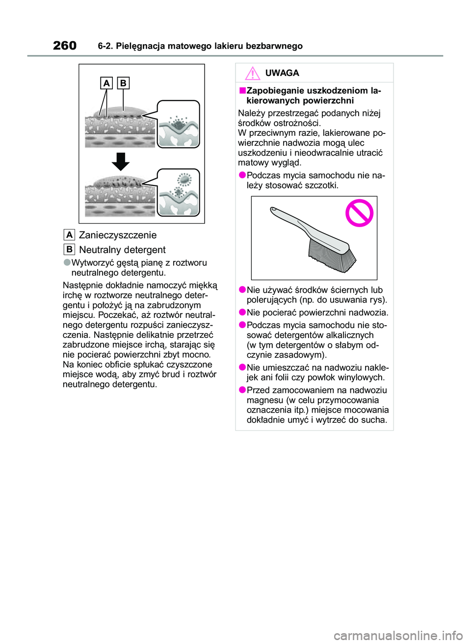 TOYOTA GR YARIS 2021  Instrukcja obsługi (in Polish) Zanieczyszczenie
Neutralny detergent
Wytworzyç g´stà pian´ z roztworu
neutralnego detergentu.
Nast´pnie dok∏adnie namoczyç mi´kkà
irch´ w roztworze neutralnego deter-
gentu i po∏o˝yç j