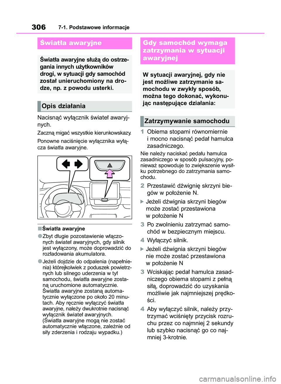 TOYOTA GR YARIS 2021  Instrukcja obsługi (in Polish) Nacisnàç wy∏àcznik Êwiate∏ awaryj-
nych.
Zacznà migaç wszystkie kierunkowskazy.
Ponowne naciÊni´cie wy∏àcznika wy∏à-
cza Êwiat∏a awaryjne.
Âwiat∏a awaryjne
Zbyt d∏ugie pozost