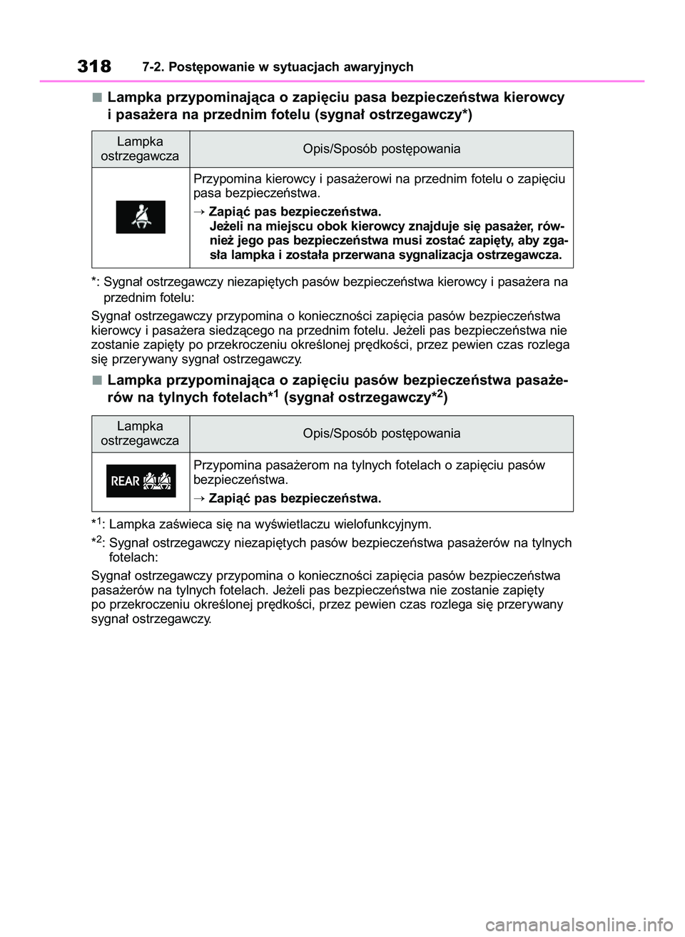TOYOTA GR YARIS 2021  Instrukcja obsługi (in Polish) Lampka przypominajàca o zapi´ciu pasa bezpieczeƒstwa kierowcy
i pasa˝era na przednim fotelu (sygna∏ ostrzegawczy*)
*: Sygna∏ ostrzegawczy niezapi´tych pasów bezpieczeƒstwa kierowcy i pasa˝