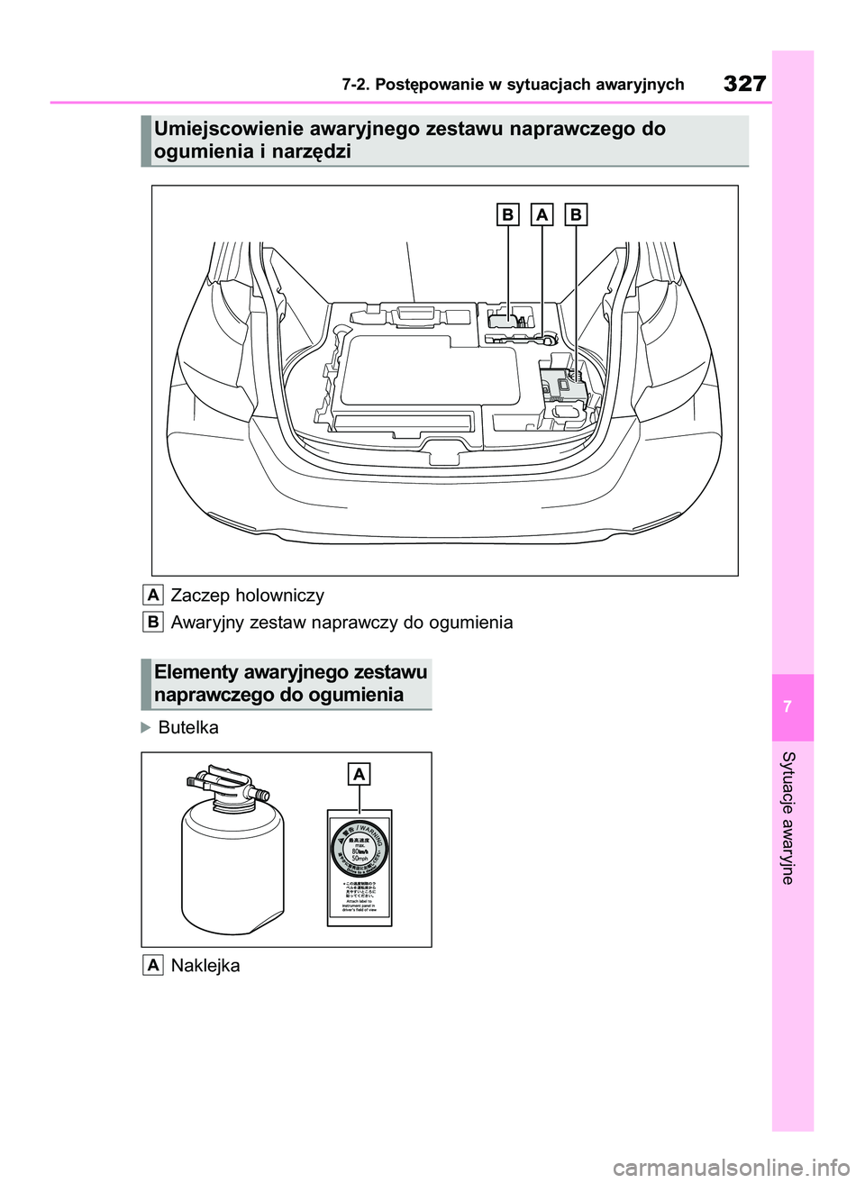 TOYOTA GR YARIS 2021  Instrukcja obsługi (in Polish) óButelka
Naklejka
A
Sytuacje awaryjne
7-2. Post´powanie w sytuacjach awaryjnych327
7
Umiejscowienie awaryjnego zestawu naprawczego do 
ogumienia i narz´dzi
Zaczep holowniczy
Awaryjny zestaw naprawc