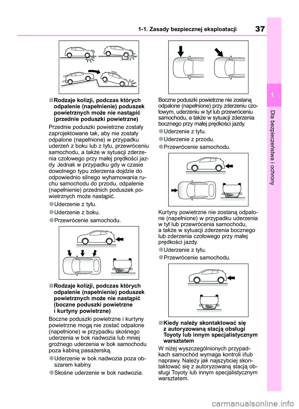 TOYOTA GR YARIS 2021 Instrukcja obsługi (in Polish) Rodzaje kolizji, podczas których
odpalenie (nape∏nienie) poduszek
powietrznych mo˝e nie nastàpiç
(przednie poduszki powietrzne)
Przednie poduszki powietrzne zosta∏y
zaprojektowane tak, aby nie TOYOTA GR YARIS 2021 Instrukcja obsługi (in Polish) Rodzaje kolizji, podczas których
odpalenie (nape∏nienie) poduszek
powietrznych mo˝e nie nastàpiç
(przednie poduszki powietrzne)
Przednie poduszki powietrzne zosta∏y
zaprojektowane tak, aby nie