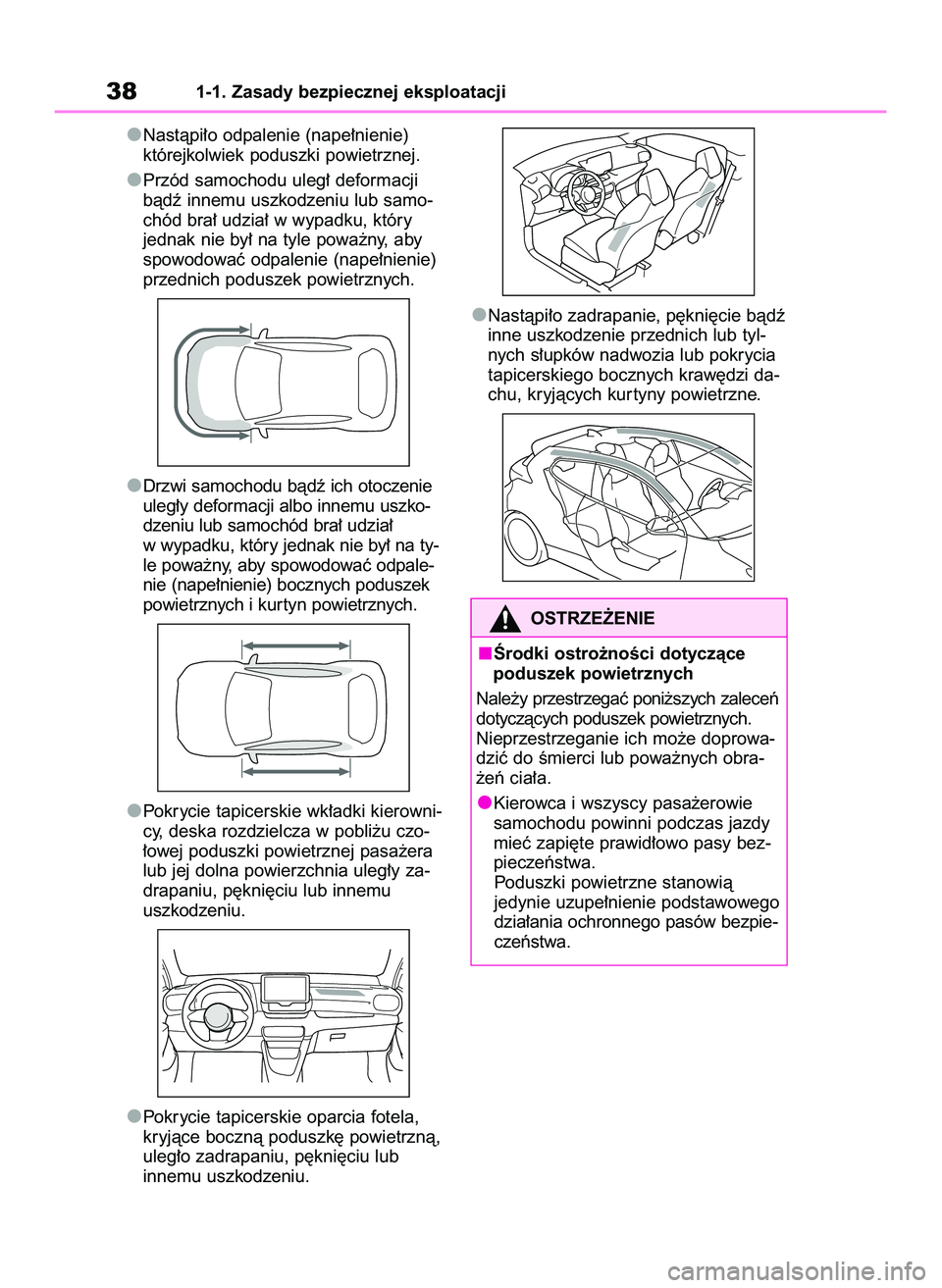 TOYOTA GR YARIS 2021 Instrukcja obsługi (in Polish) Nastàpi∏o odpalenie (nape∏nienie)
którejkolwiek poduszki powietrznej.
Przód samochodu uleg∏ deformacji
bàdê innemu uszkodzeniu lub samo-
chód bra∏ udzia∏ w wypadku, który
jednak nie b TOYOTA GR YARIS 2021 Instrukcja obsługi (in Polish) Nastàpi∏o odpalenie (nape∏nienie)
którejkolwiek poduszki powietrznej.
Przód samochodu uleg∏ deformacji
bàdê innemu uszkodzeniu lub samo-
chód bra∏ udzia∏ w wypadku, który
jednak nie b