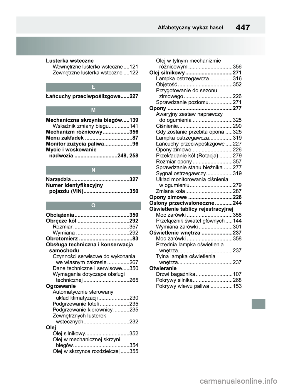 TOYOTA GR YARIS 2021  Instrukcja obsługi (in Polish) Lusterka wsteczne
Wewn´trzne lusterko wsteczne....121
Zewn´trzne lusterka wsteczne....122
¸aƒcuchy przeciwpoÊlizgowe......227
Mechaniczna skrzynia biegów.....139
Wskaênik zmiany biegu..........