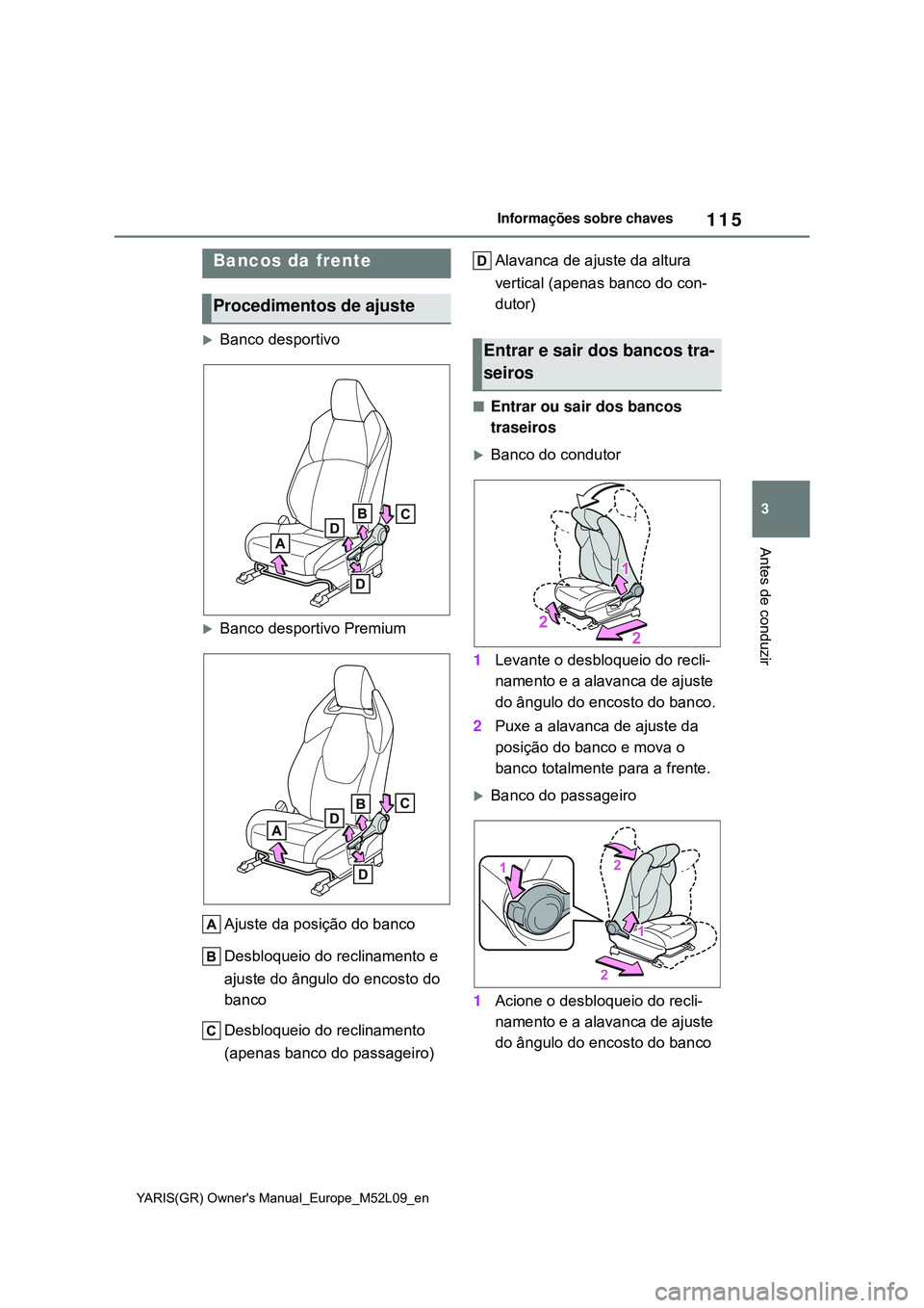 TOYOTA GR YARIS 2021  Manual de utilização (in Portuguese) 115
3
YARIS(GR) Owners Manual_Europe_M52L09_en
Informações sobre chaves
Antes de conduzir
3-3.Adjusting the seats
Banco desportivo
Banco desportivo Premium
Ajuste da posição do banco
Desblo