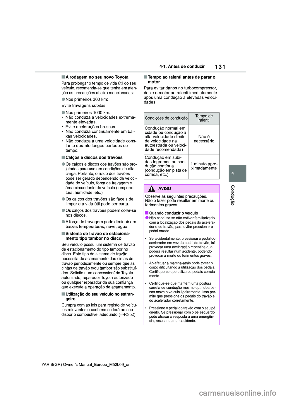 TOYOTA GR YARIS 2021 Manual de utilização (in Portuguese) 131
4
YARIS(GR) Owners Manual_Europe_M52L09_en
4-1. Antes de conduzir
Condução
A rodagem no seu novo Toyota
Para prolongar o tempo de vida útil do seu
veículo, recomenda-se que tenha em aten- TOYOTA GR YARIS 2021 Manual de utilização (in Portuguese) 131
4
YARIS(GR) Owners Manual_Europe_M52L09_en
4-1. Antes de conduzir
Condução
A rodagem no seu novo Toyota
Para prolongar o tempo de vida útil do seu
veículo, recomenda-se que tenha em aten-
