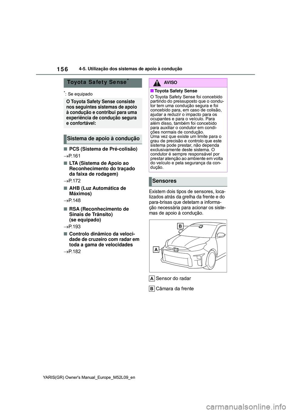 TOYOTA GR YARIS 2021 Manual de utilização (in Portuguese) 156
YARIS(GR) Owners Manual_Europe_M52L09_en
4-5. Utilização dos sistemas de apoio à condução
4-5.Utilização dos sistemas de apoio à condução
*: Se equipado
PCS (Sistema de Pré-colisão TOYOTA GR YARIS 2021 Manual de utilização (in Portuguese) 156
YARIS(GR) Owners Manual_Europe_M52L09_en
4-5. Utilização dos sistemas de apoio à condução
4-5.Utilização dos sistemas de apoio à condução
*: Se equipado
PCS (Sistema de Pré-colisão