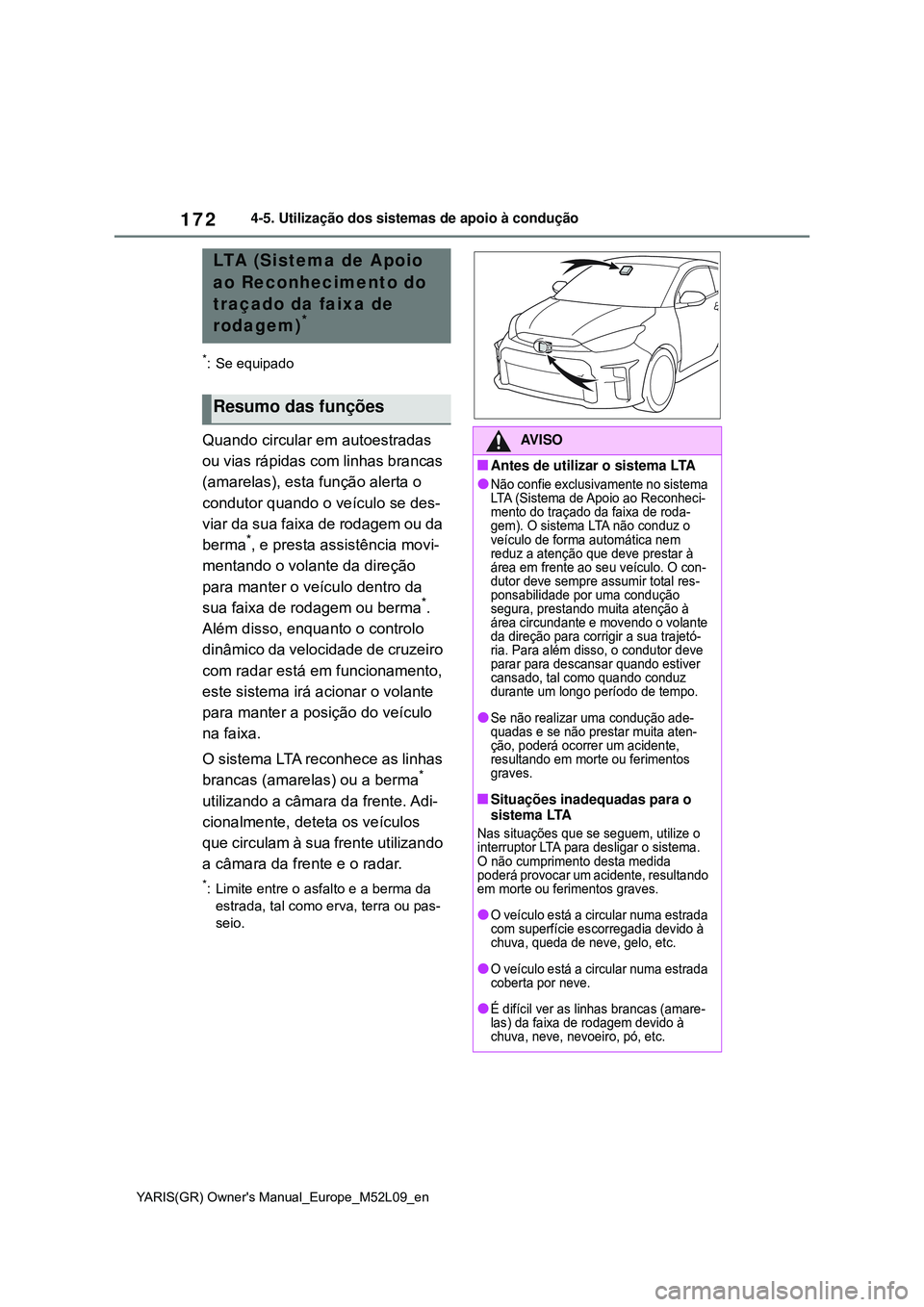 TOYOTA GR YARIS 2021 Manual de utilização (in Portuguese) 172
YARIS(GR) Owners Manual_Europe_M52L09_en
4-5. Utilização dos sistemas de apoio à condução
*: Se equipado
Quando circular em autoestradas
ou vias rápidas com linhas brancas
(amarelas), est TOYOTA GR YARIS 2021 Manual de utilização (in Portuguese) 172
YARIS(GR) Owners Manual_Europe_M52L09_en
4-5. Utilização dos sistemas de apoio à condução
*: Se equipado
Quando circular em autoestradas
ou vias rápidas com linhas brancas
(amarelas), est