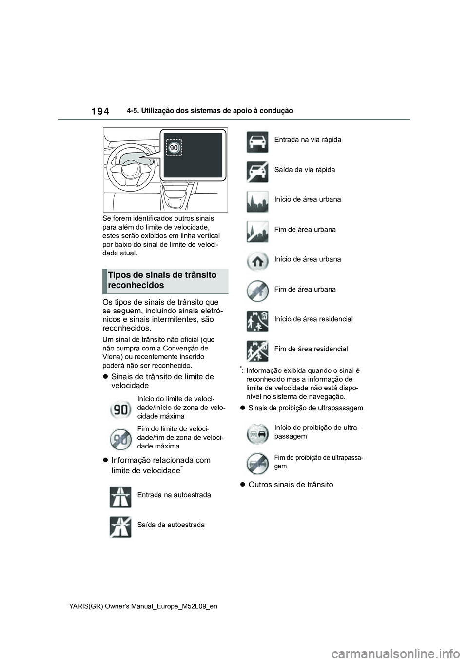 TOYOTA GR YARIS 2021 Manual de utilização (in Portuguese) 194
YARIS(GR) Owners Manual_Europe_M52L09_en
4-5. Utilização dos sistemas de apoio à condução
Se forem identificados outros sinais
para além do limite de velocidade,
estes serão exibidos em TOYOTA GR YARIS 2021 Manual de utilização (in Portuguese) 194
YARIS(GR) Owners Manual_Europe_M52L09_en
4-5. Utilização dos sistemas de apoio à condução
Se forem identificados outros sinais
para além do limite de velocidade,
estes serão exibidos em