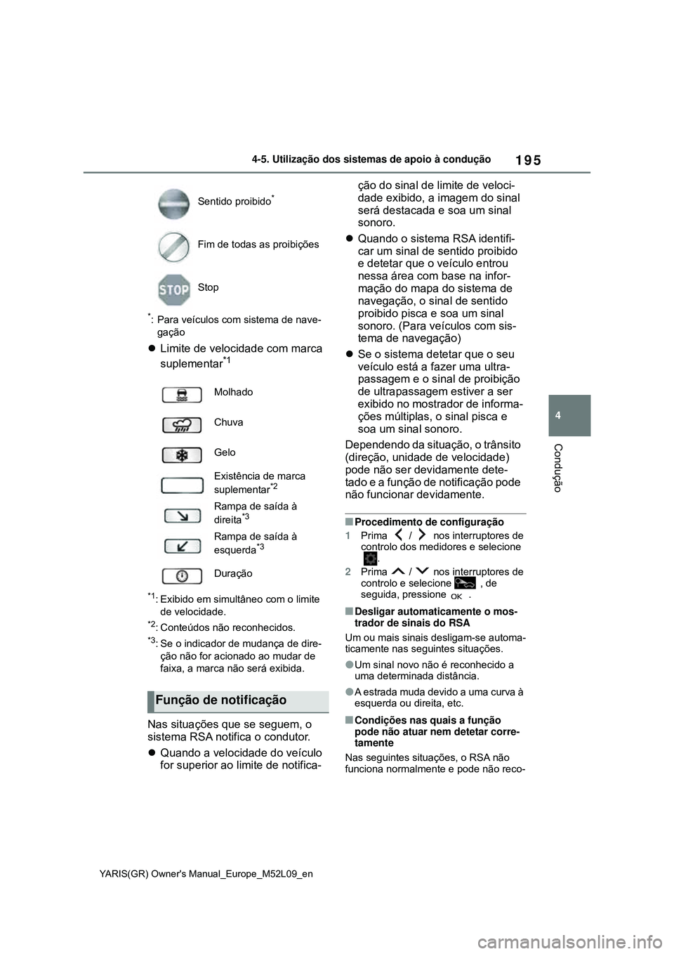 TOYOTA GR YARIS 2021 Manual de utilização (in Portuguese) 195
4
YARIS(GR) Owners Manual_Europe_M52L09_en
4-5. Utilização dos sistemas de apoio à condução
Condução
*: Para veículos com sistema de nave-
gação
Limite de velocidade com marca
suple TOYOTA GR YARIS 2021 Manual de utilização (in Portuguese) 195
4
YARIS(GR) Owners Manual_Europe_M52L09_en
4-5. Utilização dos sistemas de apoio à condução
Condução
*: Para veículos com sistema de nave-
gação
Limite de velocidade com marca
suple