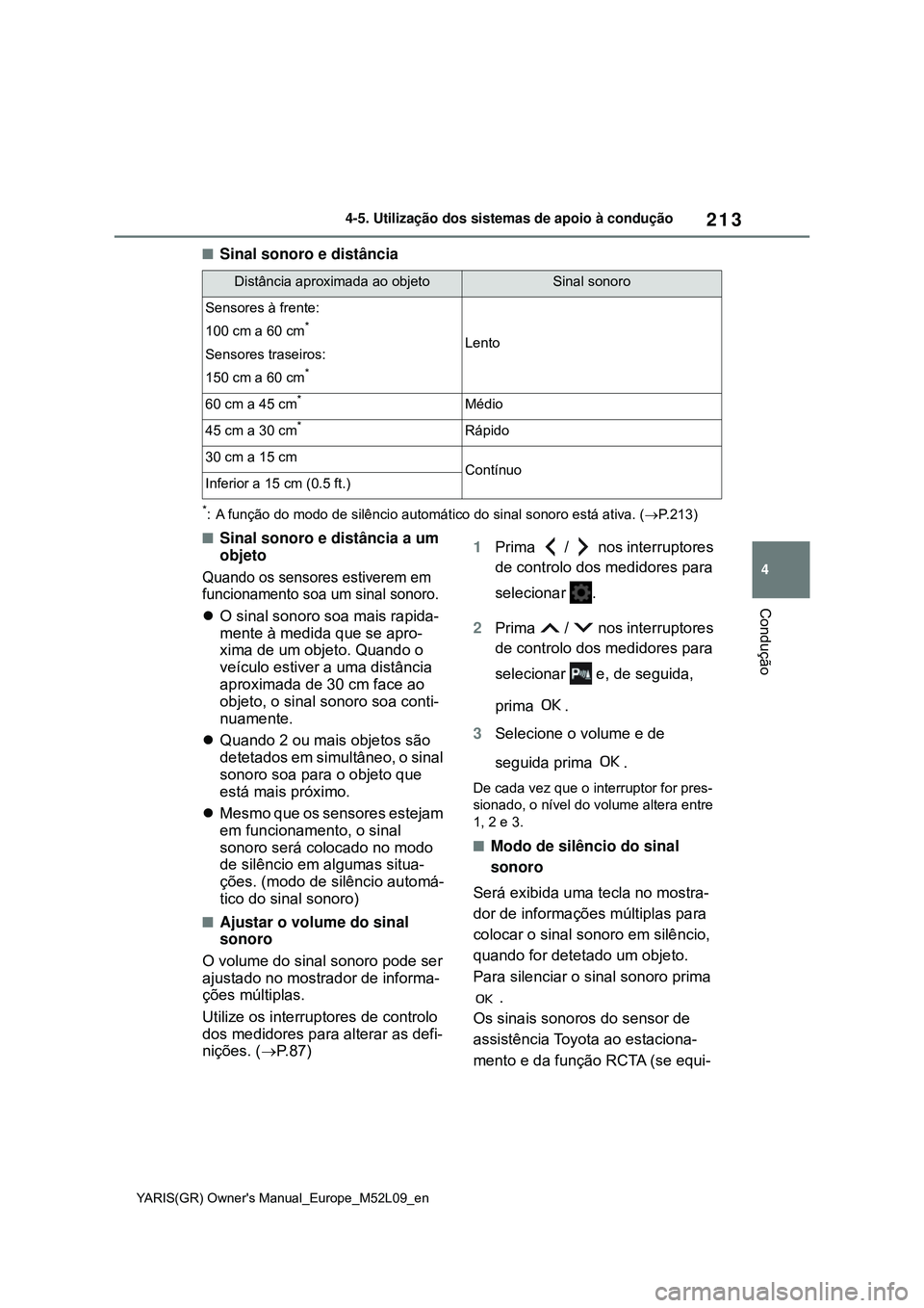 TOYOTA GR YARIS 2021 Manual de utilização (in Portuguese) 213
4
YARIS(GR) Owners Manual_Europe_M52L09_en
4-5. Utilização dos sistemas de apoio à condução
Condução
Sinal sonoro e distância
*: A função do modo de silêncio automático do sinal so TOYOTA GR YARIS 2021 Manual de utilização (in Portuguese) 213
4
YARIS(GR) Owners Manual_Europe_M52L09_en
4-5. Utilização dos sistemas de apoio à condução
Condução
Sinal sonoro e distância
*: A função do modo de silêncio automático do sinal so