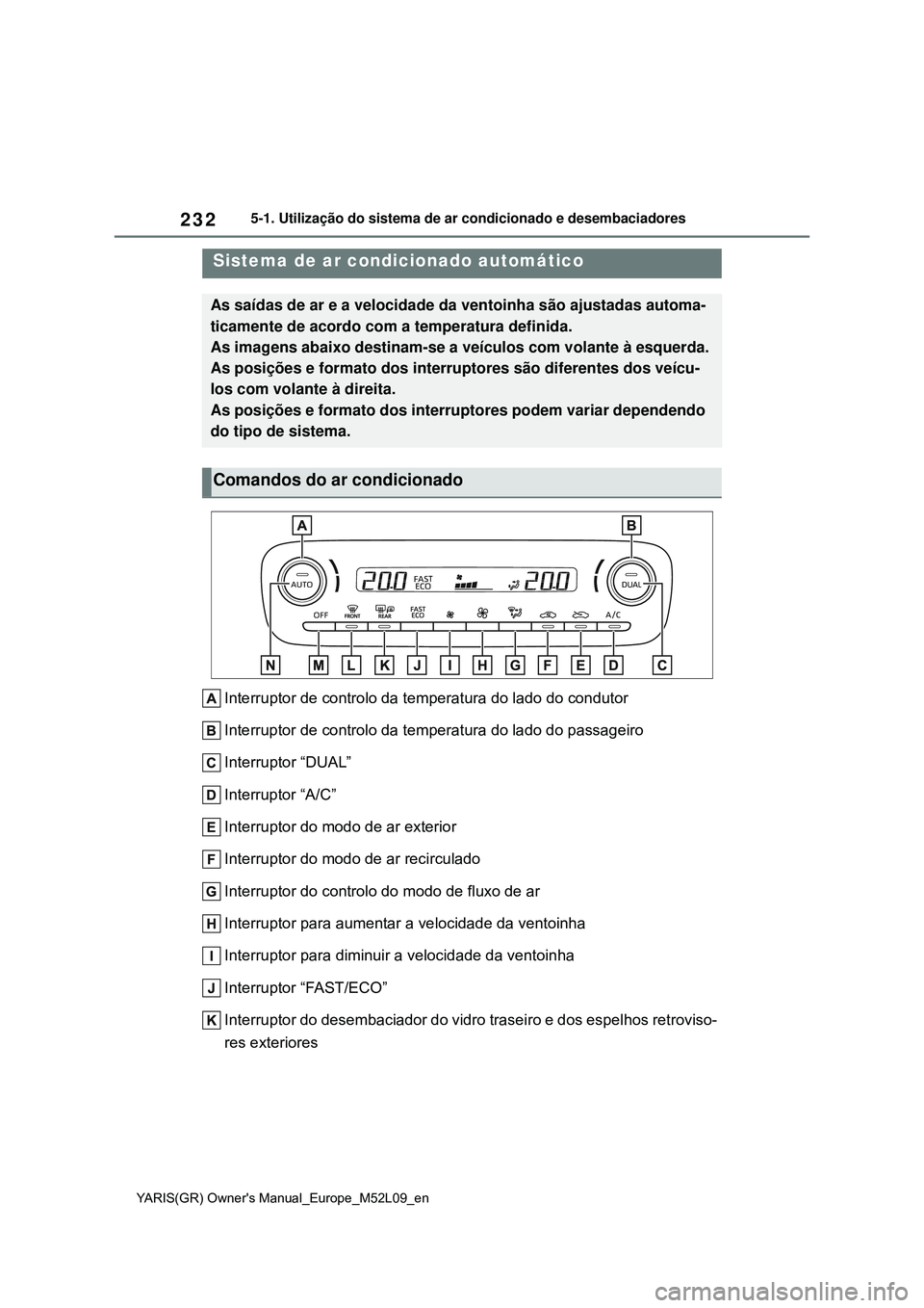 TOYOTA GR YARIS 2021  Manual de utilização (in Portuguese) 232
YARIS(GR) Owners Manual_Europe_M52L09_en
5-1. Utilização do sistema de ar condicionado e desembaciadores
5-1.Using the air conditioning system and defogger
Interruptor de controlo da temperatur