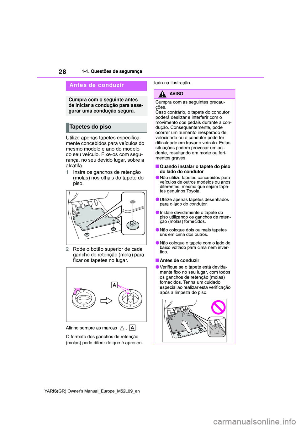 TOYOTA GR YARIS 2021  Manual de utilização (in Portuguese) 28
YARIS(GR) Owners Manual_Europe_M52L09_en
1-1. Questões de segurança
1-1.For safe use
Utilize apenas tapetes especifica-
mente concebidos para veículos do 
mesmo modelo e ano do modelo 
do seu v
